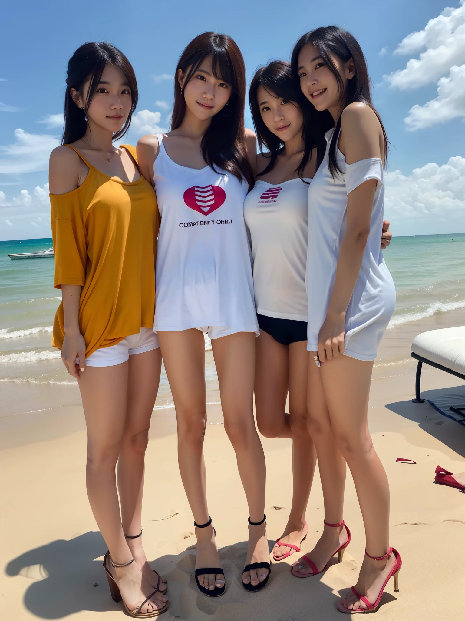 4 female, wearing Big t-shirt with variable color, short underwear b,big boobs, open chest, off shoulder, Standing At the beach city square, full body, with female friends, bangs long hair, heels, little smile, embrace each other 