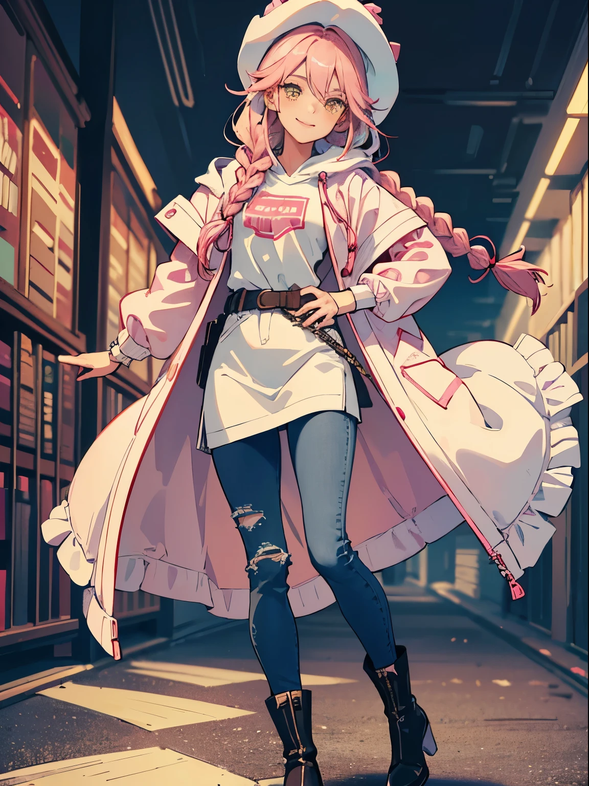 1girl, female focus, solo, long pink hair, knee length braided hair, varigated pink hair, wolf cut, shag, fluffy hair, long thick braid, blue eyes, library background, tall brown boots, fashion boots, heeled boots, full body, looking at viewer, blue skinny jeans, kapris, jeans tucked into boots, long thin legs, playful smile, tilted head, white under shirt, yellow hooded jacket, yellow jacket, (VERY DETAILED EYES:1.5)