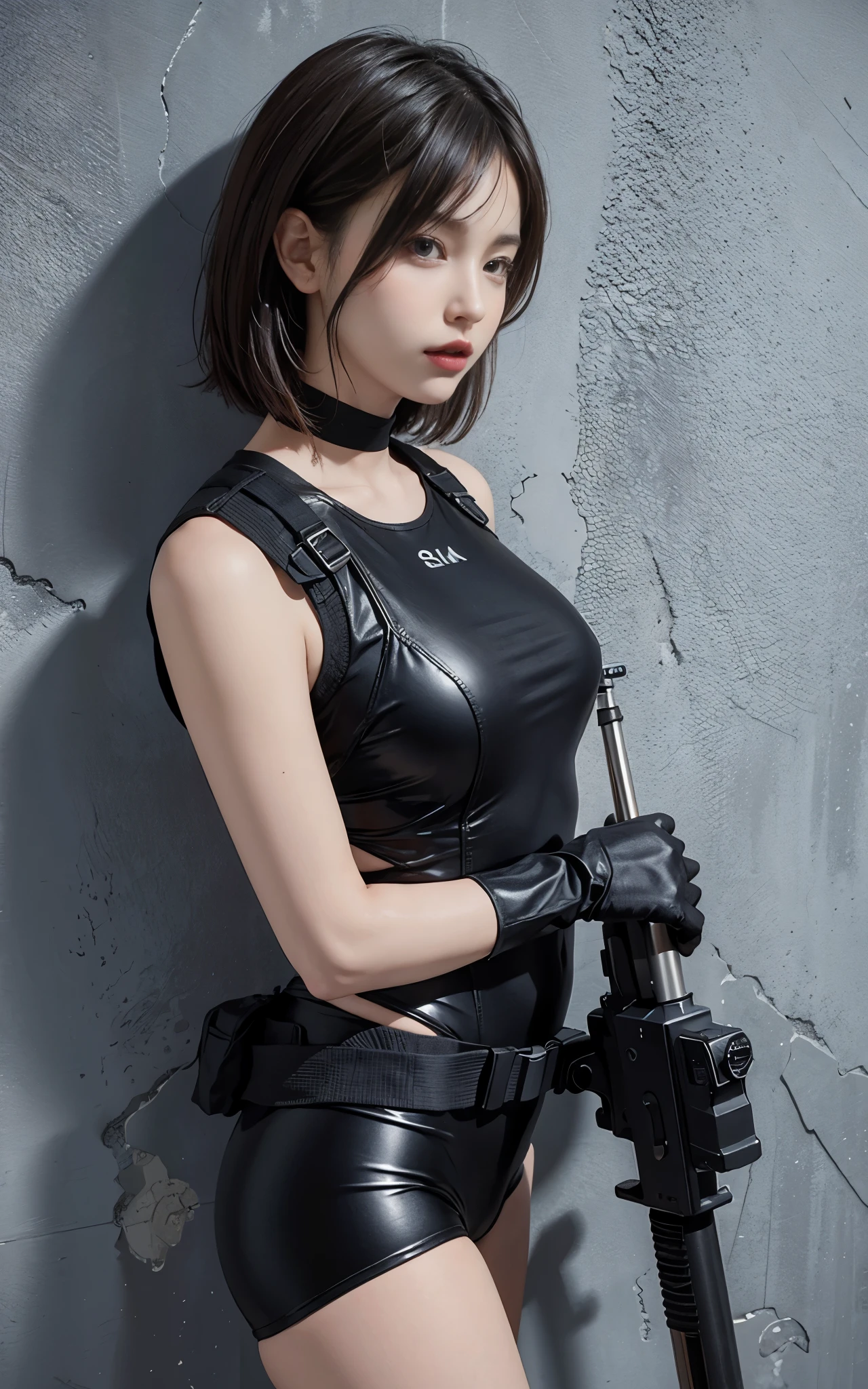 ((Best Quality, 8K, Masterpiece: 1.3)), ((best quality)), photorealistic, photorealism, 1girl aiming with an ak-47 assault rifle, Combat pose, Photorealistic, high resolution, looking to the camera, (Detailed face), short black hair, blue rubber suit, military harness, revealed thigh, Gun,black gloves, high-tech headset, Fingers are occluded, concrete wall background,