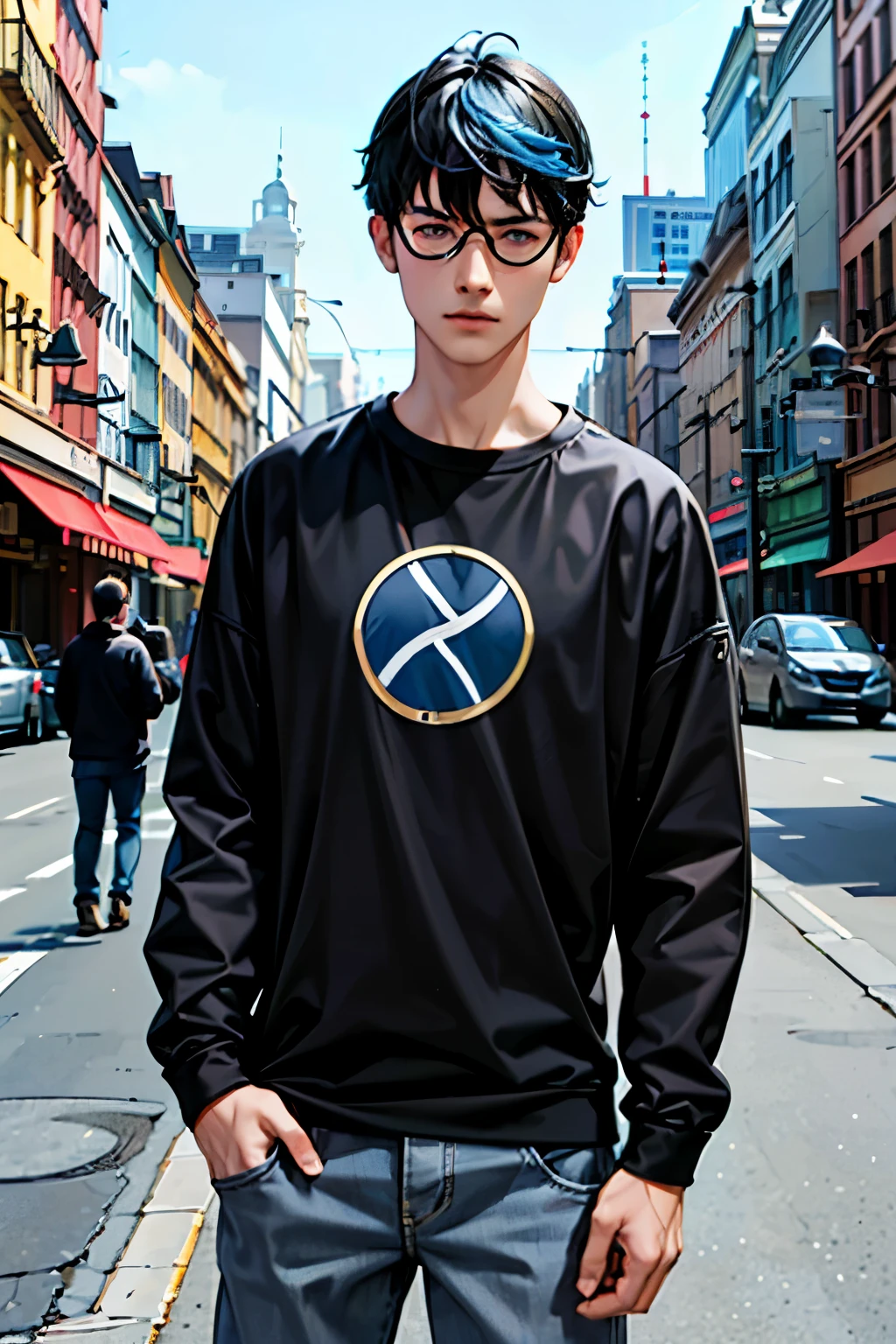 A 24-year-old man standing with casual clothes, (((black clothes))), skinny, twink ((((black hair with blue tips:1.0)))), fringe, red eyes, ((circle glasses)), serious expression, city background, DSRL, facing the viewer of the photo, eyes staring into the lens, man centered in photo, 8k, best quality, masterpiece, realistic, realistic photo, cinema photo, ultra realistic, 1 person, detailed, Dark Dark Lighti
