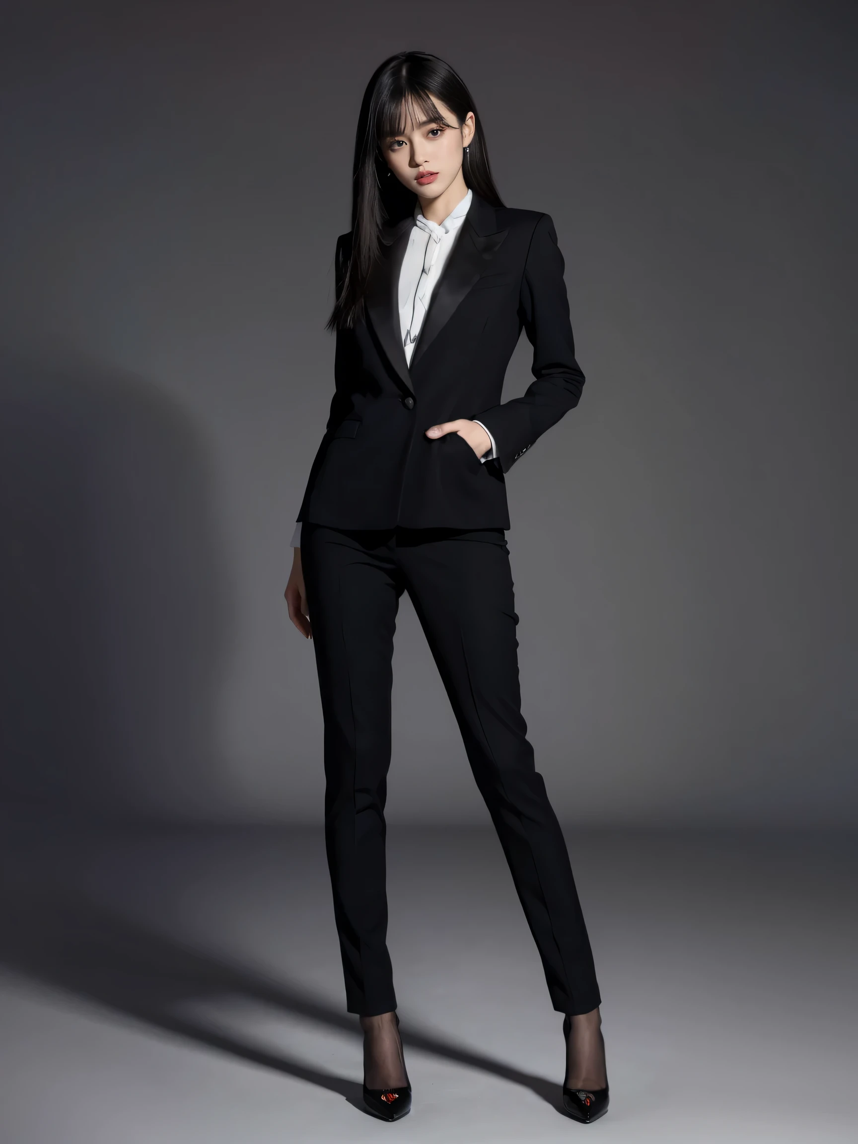 best quality,masterpiece,ultra high resolution,(actual:1.4),original photo,ultra high definition，8k，there is a girl，fashionable clothes,Cool outfit，skirt，Black，High heel，Black过肩长发，straight hair，Stylish skinny suit, high-class fashion，cool and trendy