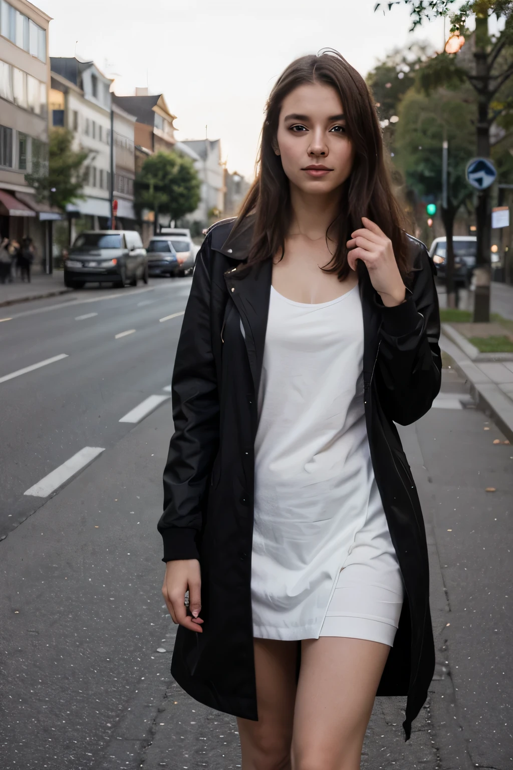 Photograph of a 20-year-old woman, Perfektes Gesicht, Meisterwerk, gut, schwarz_gut, Jacke, vor Grossstadtkulisse, leere Strassen, skinny, light dress