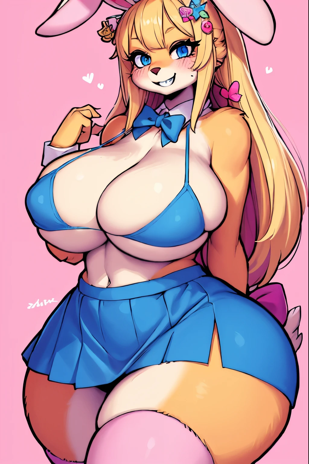 blonde hair, blue eyes, curvy body, thick thighs, big boobs, furry, bunny, grin, decora, pink, gal, skirt,