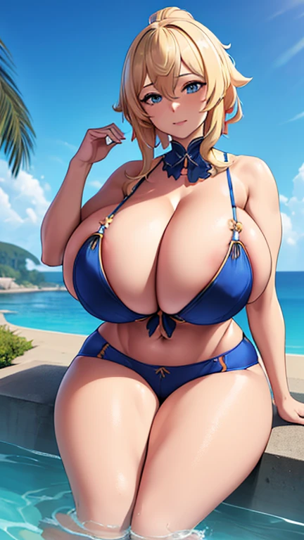 Jean，Genshin Impact，sitting in water throne，tmasterpiece，The kinky is exposed  ，（Surreal breasts ）（（Extremely full breasts）），（（Super large）），Big breasts Thin waist，（（（Extremely large breasts））），seductiv，High detail，hyper qualit，high resolution，8K，8k smooth，(reality: 1.2)，(Highly realistic, Ultra-realistic, photograph realistic)，(Realism: 1.2)，Solo，(Perfect feminine curves)，(Big breasts:2)，(Huge breasts:2)，(gigantic cleavage breasts:2)，(Large breasts:2)，(Bare :1.4)，(chiseled abs : 1.1)，Nice strong legs，(Curvy:1.1)，Narrow waist，(gigantic hip:1)，(Thick thighs:1)，(Thick legs:1)