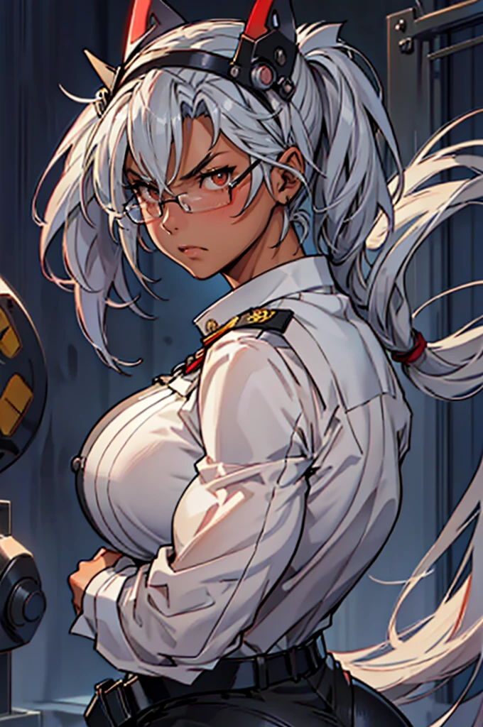 Beautiful, masterpiece, highest quality, detailed image, (武蔵_カンタイコレクション:1.15), (Musashi_Kantai Collection close-up), (((bust portrait:1.5))), (1 Muscle girl:1.4), (Female body builder:1.3), muscle_bimbo, (Tall woman) , Muscles, Muscles, (Muscular body:1.1, Muscular abs:1.1, muscular waist:1.1 Muscular legs:1.1, Muscular arms:1.1, Whole body thick:1.1), (Toned body:1.1), (Huge butt:1.1), (Smooth Dark skin:1.1), (very cute face, very cute face, very cute face:1.2), (brown woman, dark skin, glasses, super long hair, silver hair, twintails, hair between the eyes, headgear, huge breasts, long eyelashes, silver eyebrows, red eyes, half rimless glasses, black nails),  (angry expression:1.3), anger, Embarrassment, pure white bandage wrapped around the chest, rigged clothes, (background, military base, military facility)