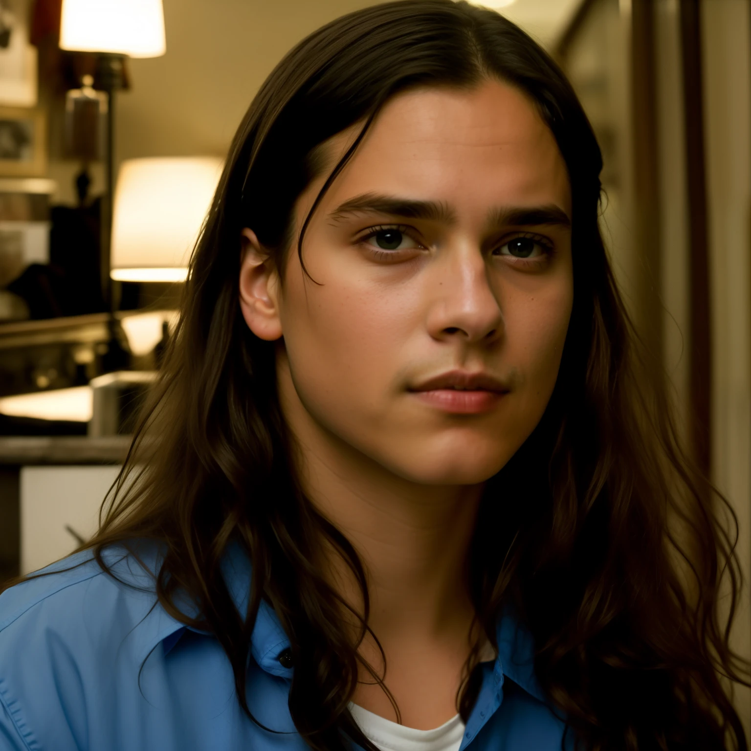 arafed woman with long hair and a blue shirt looking at the camera, tommy 1 6 , frank dillane as puck, frank dillane, androgynous face, androgynous male, androgynous person, high quality film still, luca, miles johnstone, style of seb mckinnon, julia hetta, beautiful boy, 18 years old