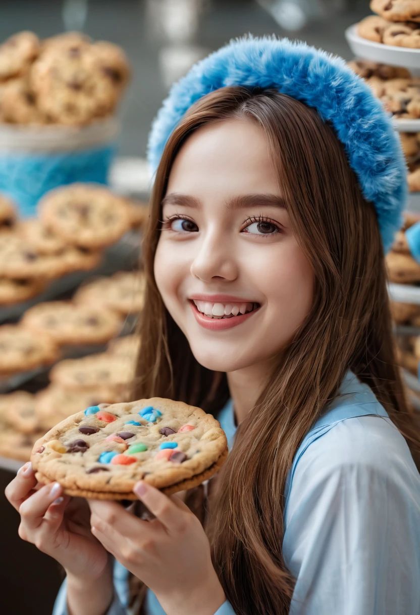 (best quality,4k,8k,highres,masterpiece:1.2),ultra-detailed,portraits,girl with cookie-shaped hat,blue fur,amazing scenery of a cookie factory,delicious chocolate chip cookies,freshly baked cookies filling the air with a mouth-watering aroma, vibrant colors,soft natural lighting,temperate weather,butterfly flying around the girl,cookies falling from the sky,sparkling smile from the girl,happiness and joy in her eyes,carefully sculpted facial features,long flowing hair,graceful pose,enchanting charm.