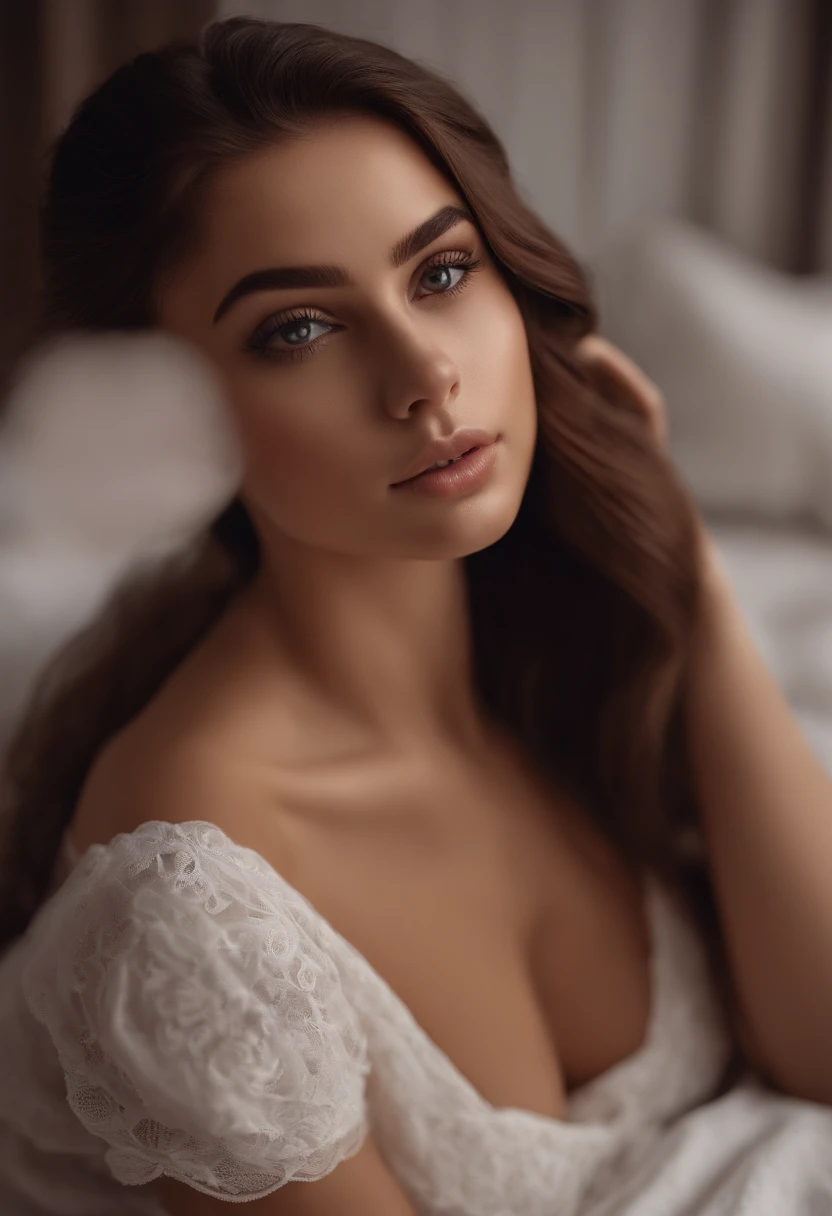arafed woman fully , sexy girl with brown eyes, ultra realistic, meticulously detailed, portrait sophie mudd, brown hair and large eyes, selfie of a young woman, dubai eyes, violet myers, without makeup, natural makeup, looking directly at the camera, face with artgram, subtle makeup, stunning full body shot kneeling on bed, in bedroom, medium to large size bust