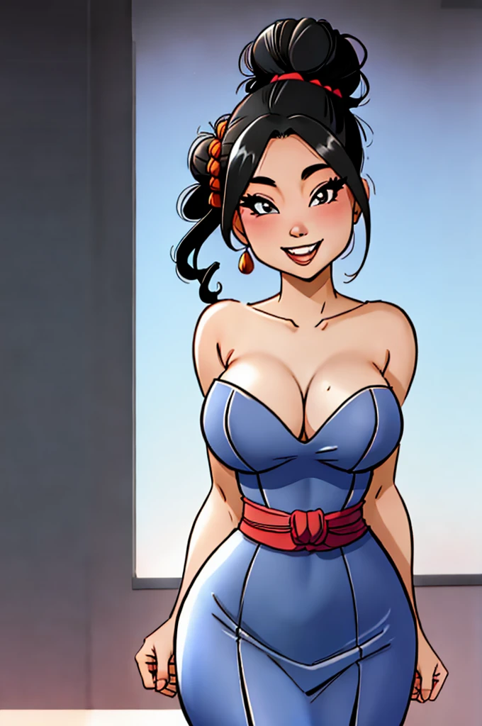 1 girl, , japanese, sexy, curvy, round breasts, smiling, black hair, hair bun, sexy tight blue prom dress, thin waist, model, upper body view