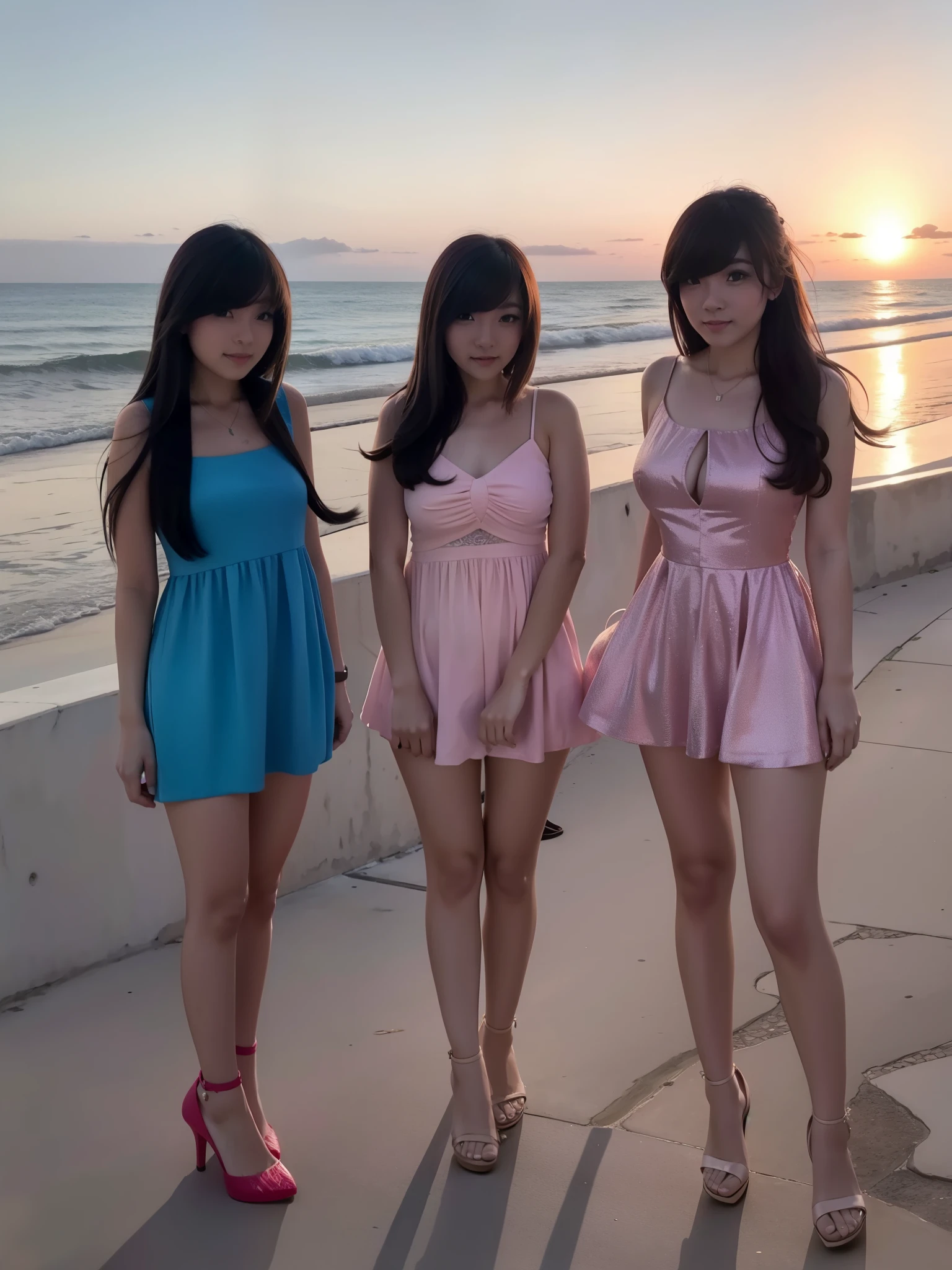 Female ,big boob, Standing At the hotel square, full body, with female friends, bangs long hair, heels, little smile, embrace each other