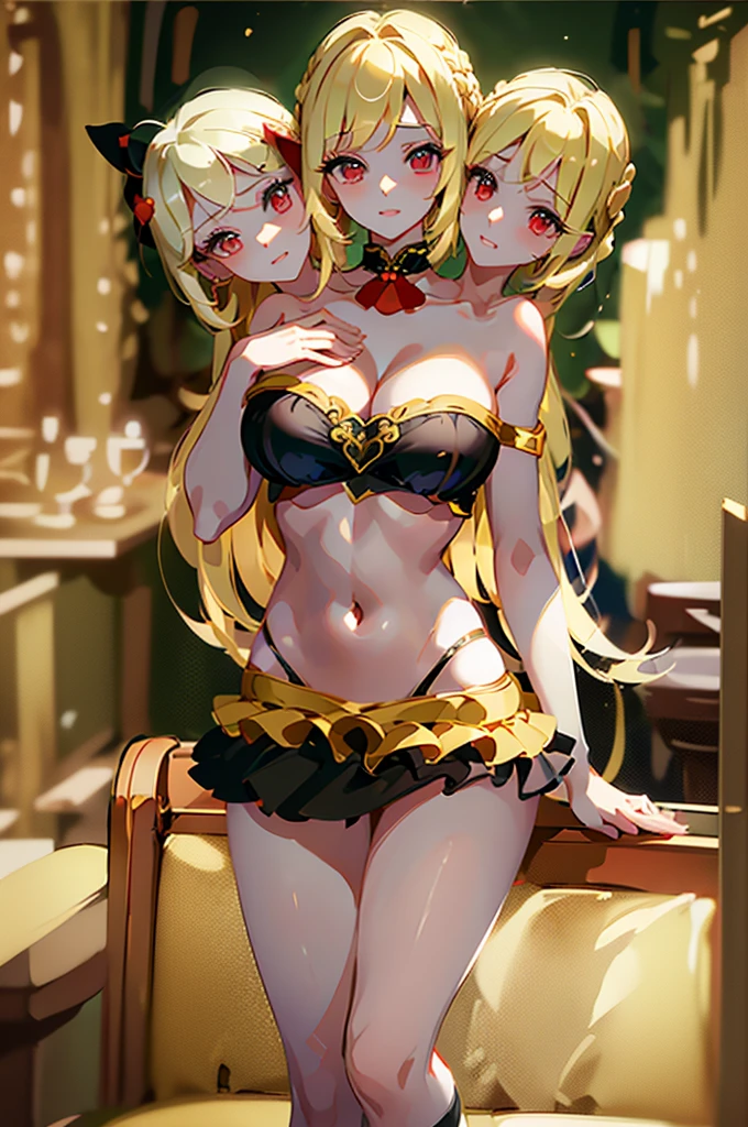 (masterpiece, best quality),best quality, (ultra-detailed), (3heads:1.4), 1girl, (rumia:1.3), masterpiece, best quality, black top, crop top, ((stomach)), midriff, ((groin)), black skirt, normal ears, shackles, blonde hair, very long hair, wavy hair, sidelocks, red eyes, parted lips, single horn, sweat, cute, toned belly, hand on own chest, eyelashes, (23 year old woman:1.3), (masterpiece:1.4), (best quality:1.4), (beautiful detailed), extremely detailed CG, extremely delicate and beautiful, depth of field, (finely detailed face), (perfect details:1.1), (mature female:1.3), wide pelvis, slender, large veiny breast, 8k resolution, high quality, high definition, extremely detailed, masterpiece, best quality, blonde hair, long hair, alluring presence, braid, short skirt, close up, big tits, young, hair ribbon, red ribbon,