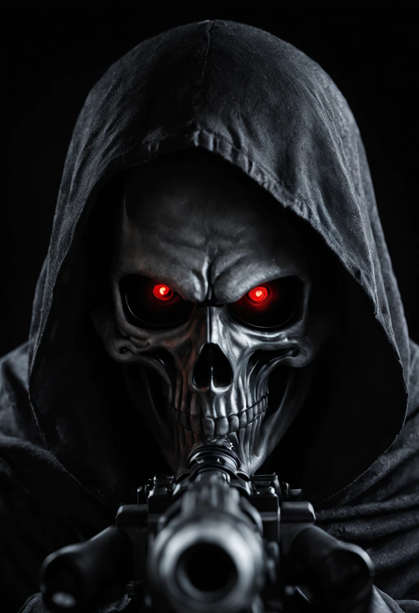 Create a hyperrealistic image of the Grim Reaper's face, detailed and realistic, against a deep black background in 4K quality. The Reaper's face must be captured in every detail, conveying a mysterious and intimidating expression. Focus especially on the eyes, which should emanate a chilling, enigmatic glow. Position the Reaper to point an M4 rifle directly forward, as if looking straight into the observer's eyes through the scope. The M4 rifle must be represented with high accuracy and featuring a red dot sight. The overall image should exude a dark and sinister atmosphere, with a strategic play of shadows and light enhancing the menacing aura. Ensure that the Reaper's direct gaze and rifle alignment are forward and create a powerful and unsettling impression