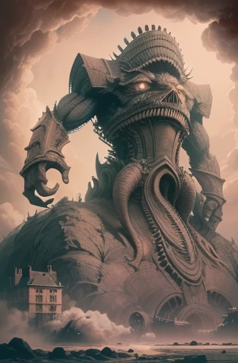 Create mesmerizing analog-style movie scenes depicting monstrous things, An ancient rock giant with a majestic castle on its back. Emulates vintage film aesthetics with grainy textures and muted tones. Highlights include:、Includes intricate detail in the rock textures and impressive presence of the castle, All captured in classic film. Artists: Akira Kurosawa (For movie framing), H.R.Giger (for creature design)