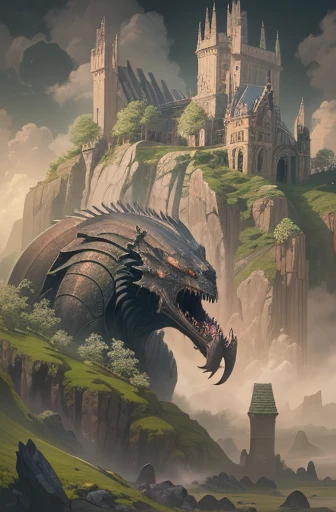 Create mesmerizing analog-style movie scenes depicting monstrous things, An ancient rock giant with a majestic castle on its back. Emulates vintage film aesthetics with grainy textures and muted tones. Highlights include:、Includes intricate detail in the rock textures and impressive presence of the castle, All captured in classic film. Artists: Akira Kurosawa (For movie framing), H.R.Giger (for creature design)
