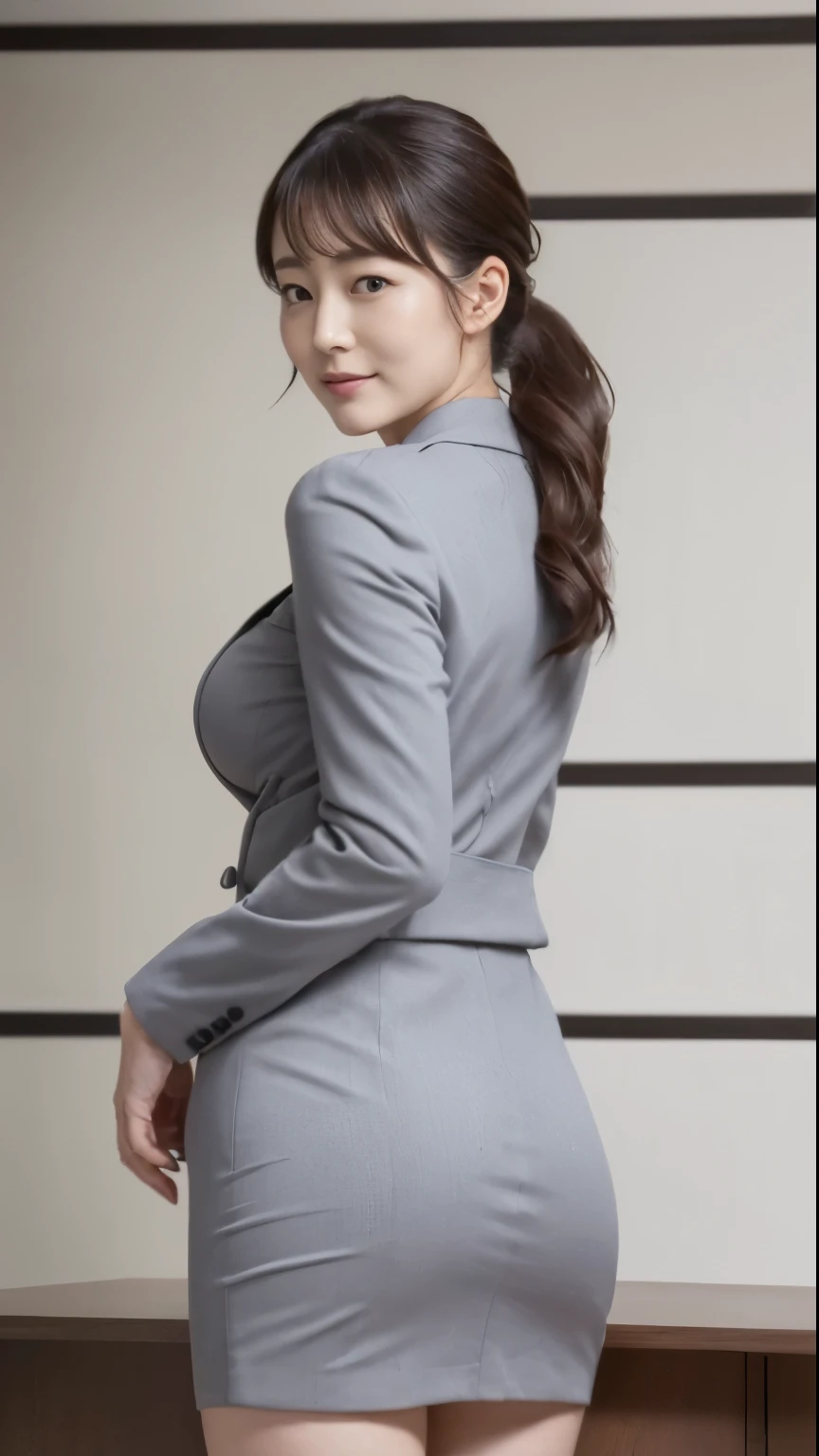 (highest quality, 8K, 32K, masterpiece, UHD:1.2), from behind, 1 beautiful girl, beautiful japanese office lady, (looking at the viewer), a little chubby, gray suit, gray mini skirt, open jacket, office room, machine,  (huge breasts, buttocks:1.2), detailed beautiful face, ponytail hair, from below, raise one leg