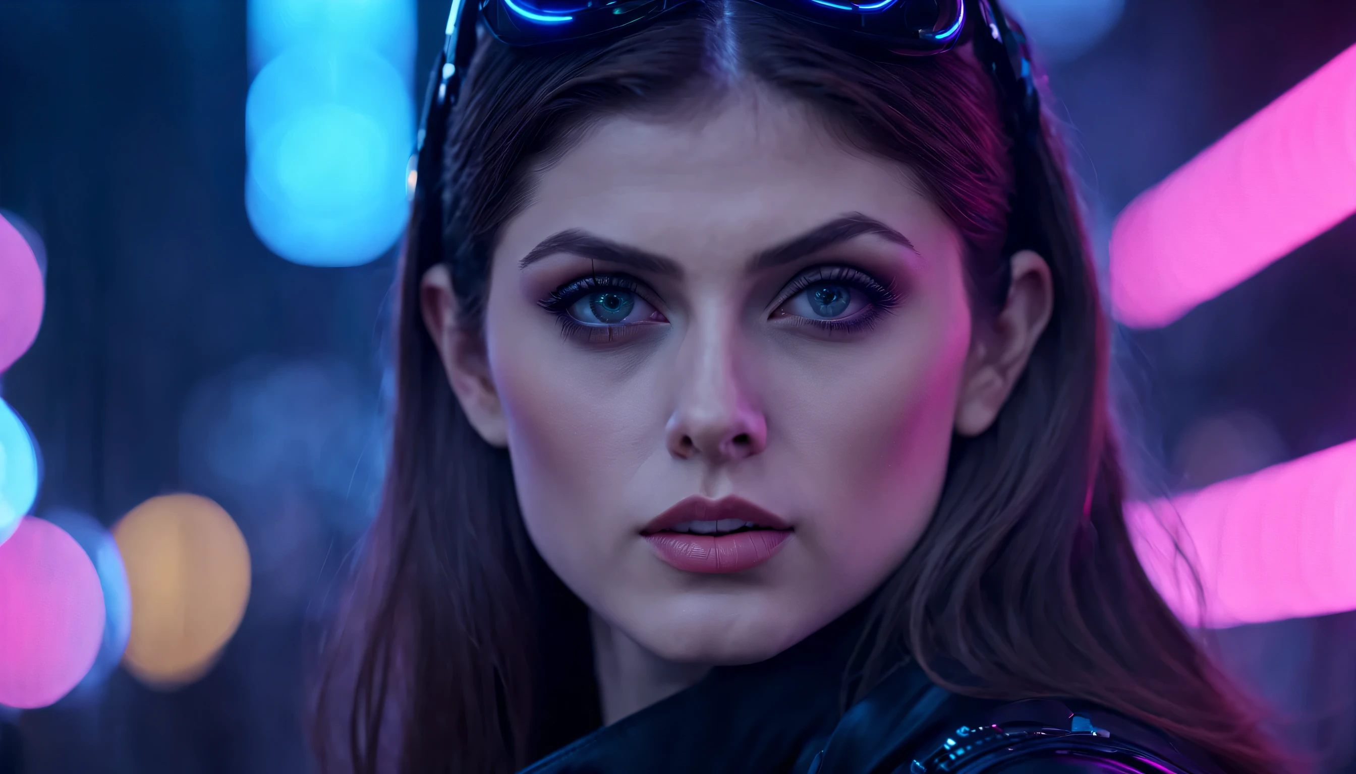 close-up portrait cinematic photo of a beautiful cyberpunk lookalike of Alexandra Daddario with neon lights in a futuristic Japan, Photo at eye level, .Fotografia 35mm, filme, Bokeh, profissional, 4k, altamente detalhado ((Cinza final (#949398FF) & iluminador (#F4DF4EFF)))