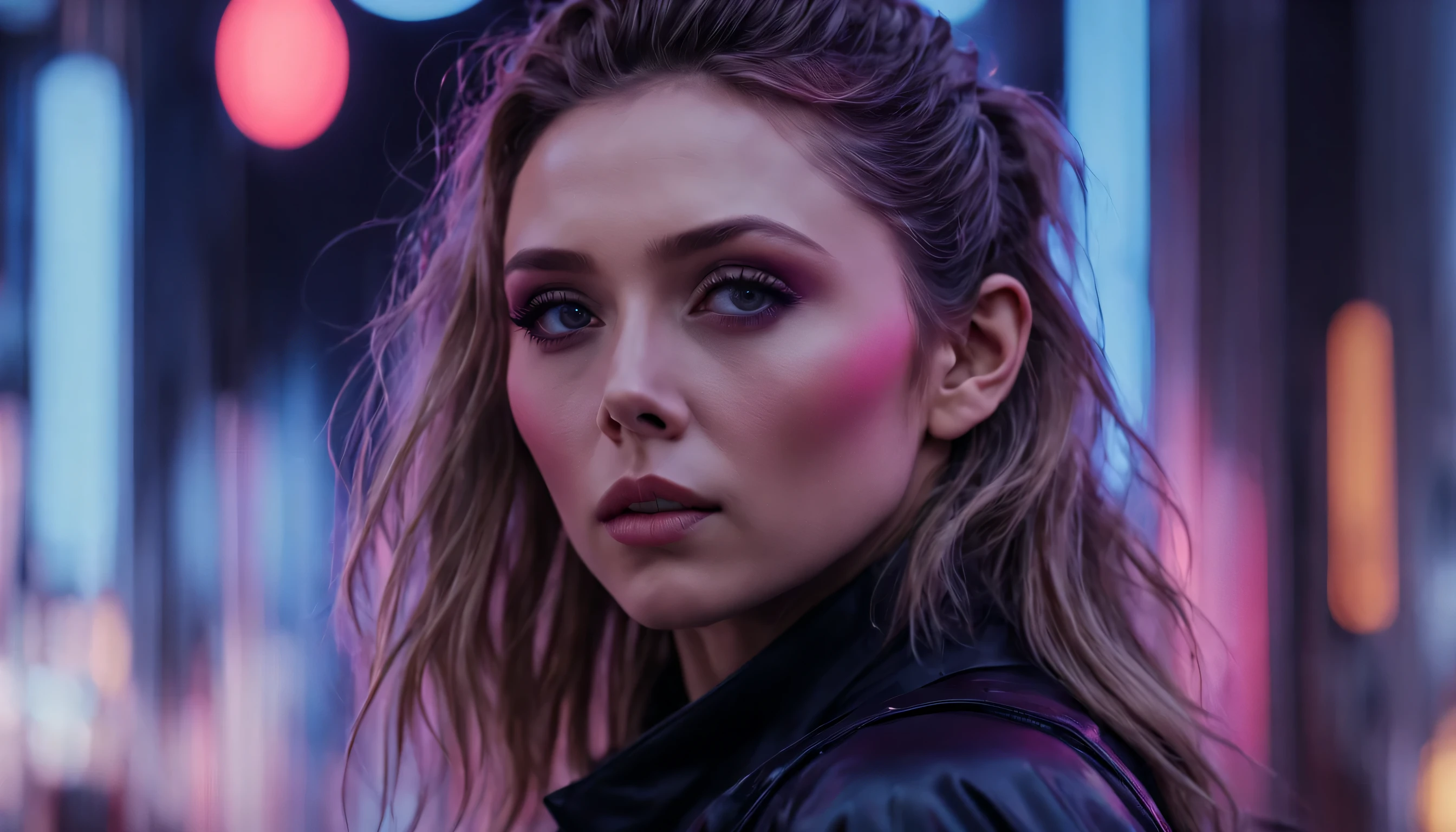 close-up portrait cinematic photo of a beautiful cyberpunk lookalike of Elizabeth Olsen with neon lights in a futuristic Japan, Photo at eye level, .Fotografia 35mm, filme, Bokeh, profissional, 4k, altamente detalhado ((Cinza final (#949398FF) & iluminador (#F4DF4EFF)))