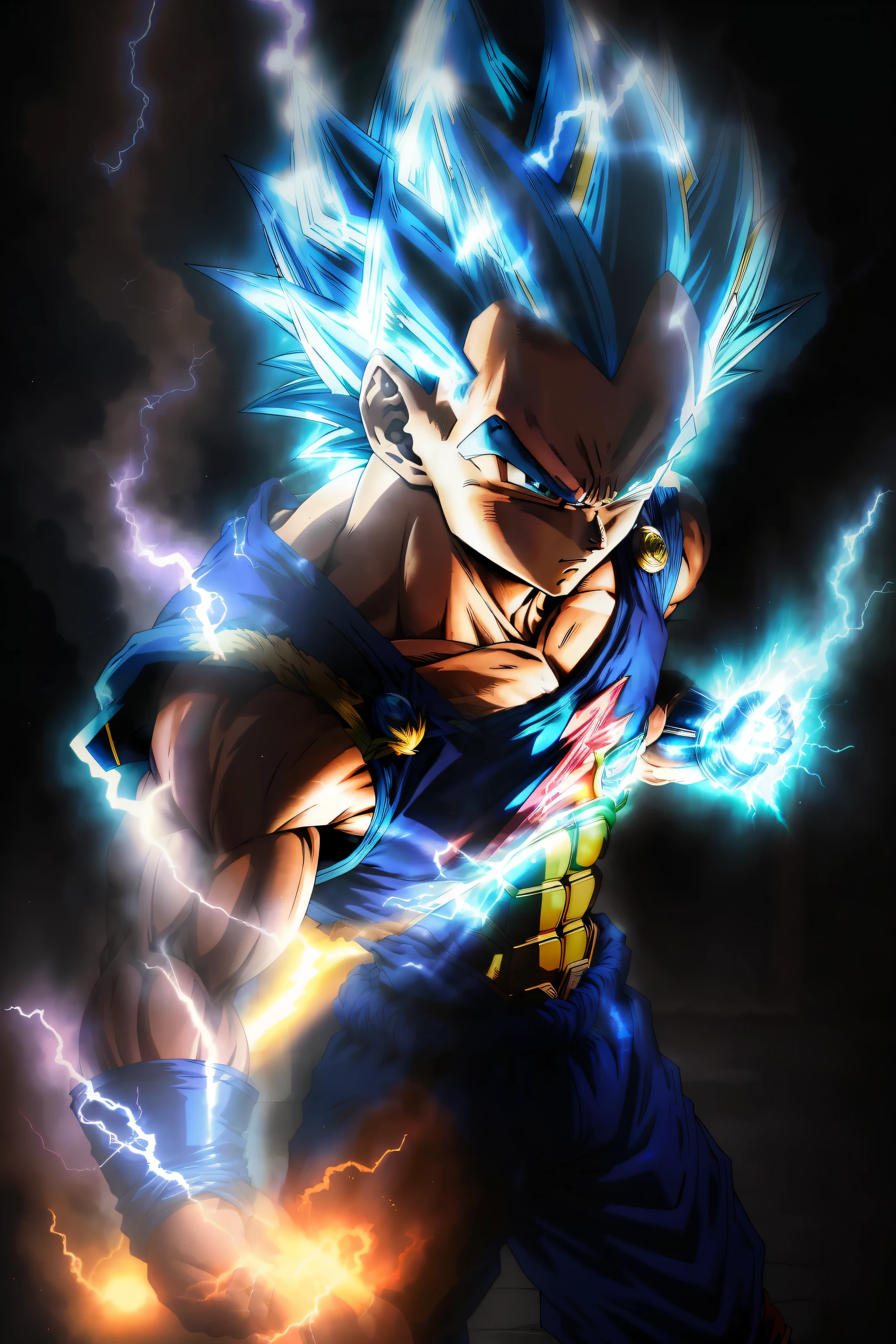 masterpiece, best quality, Vegeta super Saiyan blue, blue hair Blue Lightning Point one's finger at oneself