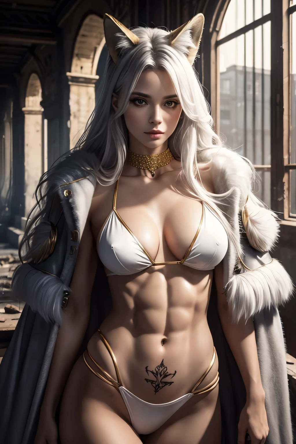 best quality, 32k, RAW photo, incredibly absurdres, extremely detailed, pure white and very cute fox beast woman, silver glossy long wavy iridescent hair, sparkling gold sharp slit eyes, (abs:1.2), great proportion, lots of tattoos, wearing wild fur coat, delicate, flashy and dynamic depiction, background Dim basement, ruins, abandoned building, dust, water drops, dark fantasy, professional lighting