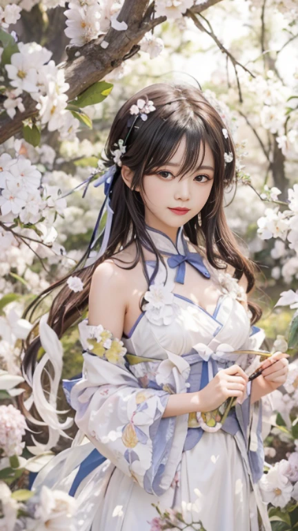 Anime girl in white dress standing in flower field, 绫香Genshin冲击, official artwork, 《Genshin》Ke Qingyu, Hestia, Beautiful anime portrait, style, 《Genshin》Zhongli in, Detailed digital animation art, Hungry Ghost Festival, beautiful anime girl, anime goddess, 绫香游戏Genshin冲击