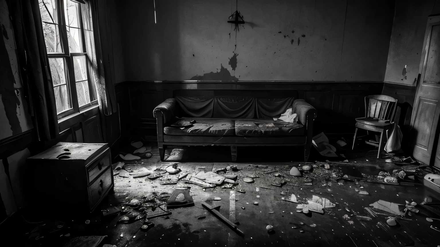inside an abandoned house with velho furniture covered in torn sheets, sujo, velho, Empoeirado, escuro, No meio de uma floresta, ((monochrome)), ((escuro)), feio:5, ProfundoNegativo