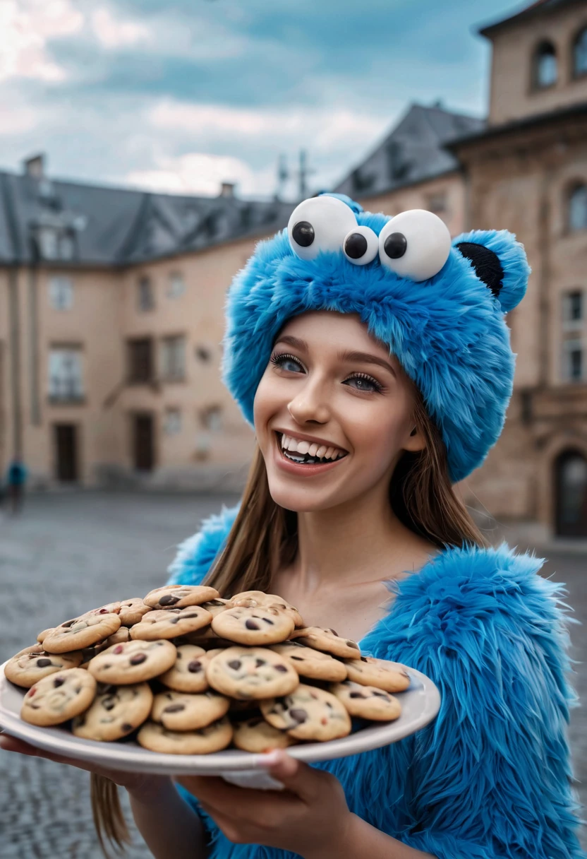 "Cookie Monster" next to stunning ponytailed Czech anorexic sexy woman,(best quality,4k,8k,highres,masterpiece:1.2),ultra-detailed,portraits,girl with cookie-shaped hat,blue fur,amazing scenery of a cookie factory,delicious chocolate chip cookies,freshly baked cookies filling the air with a mouth-watering aroma, vibrant colors,soft natural lighting,temperate weather,butterfly flying around the girl,cookies falling from the sky,sparkling smile from the girl,happiness and joy in her eyes,carefully sculpted facial features,long flowing hair,graceful pose,enchanting charm.