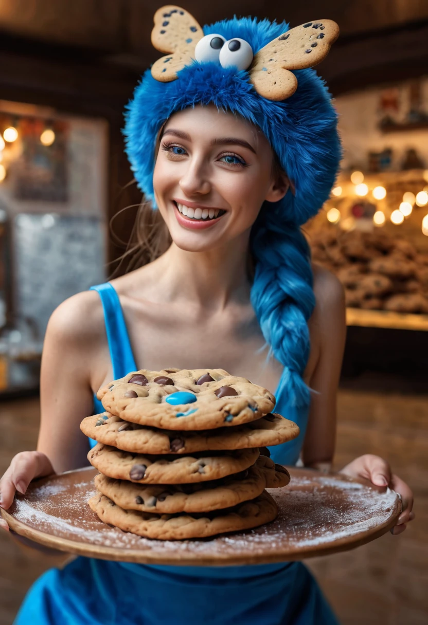 "Cookie Monster" next to stunning ponytailed Czech anorexic sexy woman,(best quality,4k,8k,highres,masterpiece:1.2),ultra-detailed,portraits,girl with cookie-shaped hat,blue fur,amazing scenery of a cookie factory,delicious chocolate chip cookies,freshly baked cookies filling the air with a mouth-watering aroma, vibrant colors,soft natural lighting,temperate weather,butterfly flying around the girl,cookies falling from the sky,sparkling smile from the girl,happiness and joy in her eyes,carefully sculpted facial features,long flowing hair,graceful pose,enchanting charm.