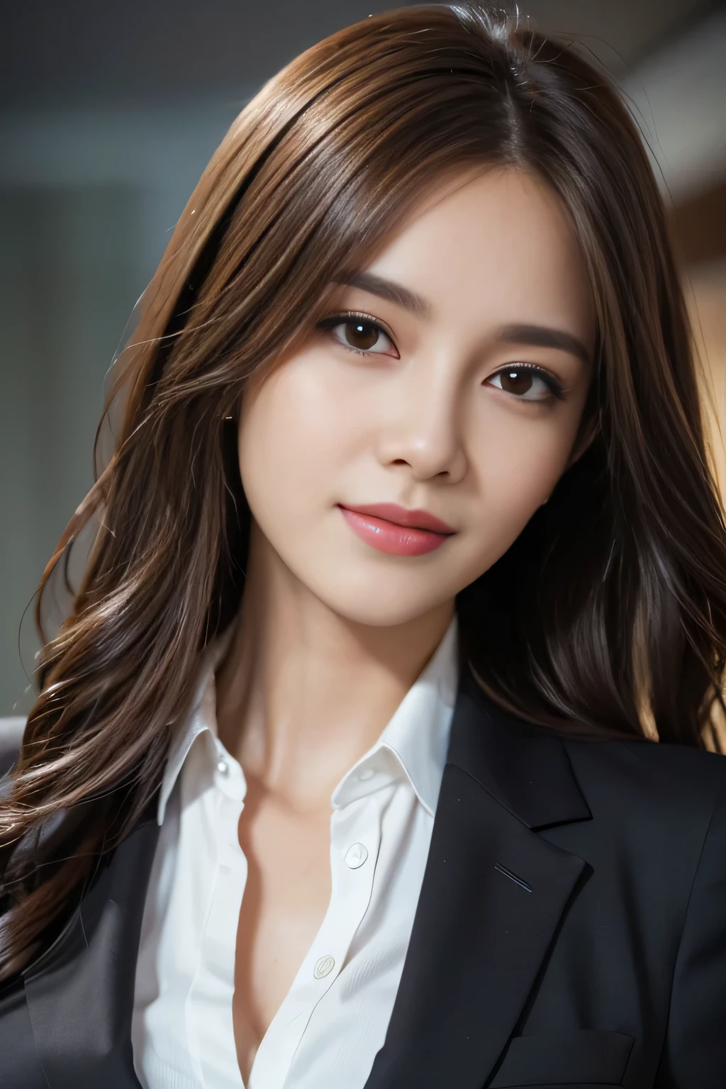 table top, highest quality, realistic, Super detailed, finely, High resolution, 8k wallpaper, 1 beautiful woman,, light brown messy hair, wearing a business suit, sharp focus, perfect dynamic composition, beautiful and detailed eyes, thin hair, Detailed realistic skin texture, smile, close-up portrait, model body shape
