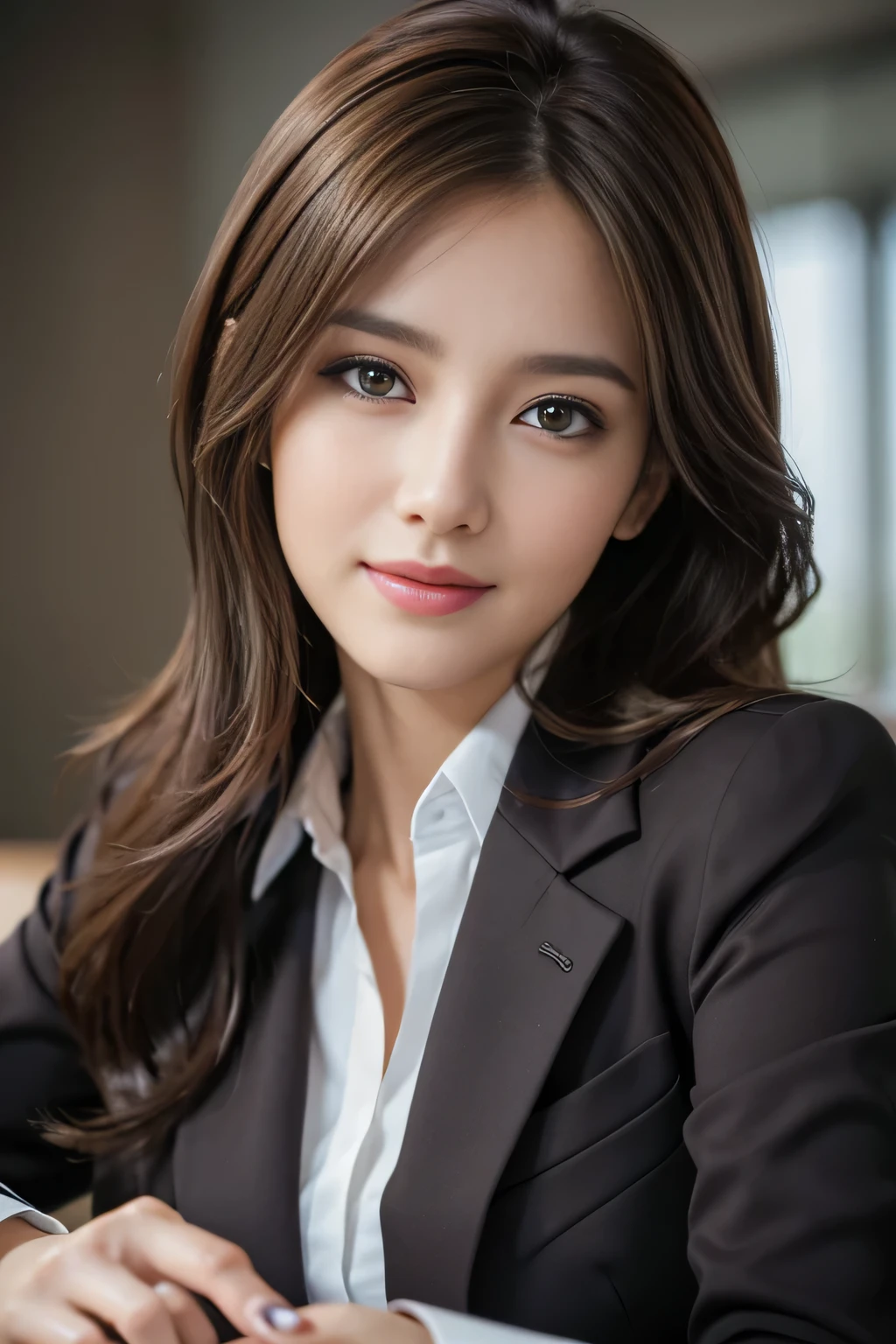 table top, highest quality, realistic, Super detailed, finely, High resolution, 8k wallpaper, 1 beautiful woman,, light brown messy hair, wearing a business suit, sharp focus, perfect dynamic composition, beautiful and detailed eyes, thin hair, Detailed realistic skin texture, smile, close-up portrait, model body shape