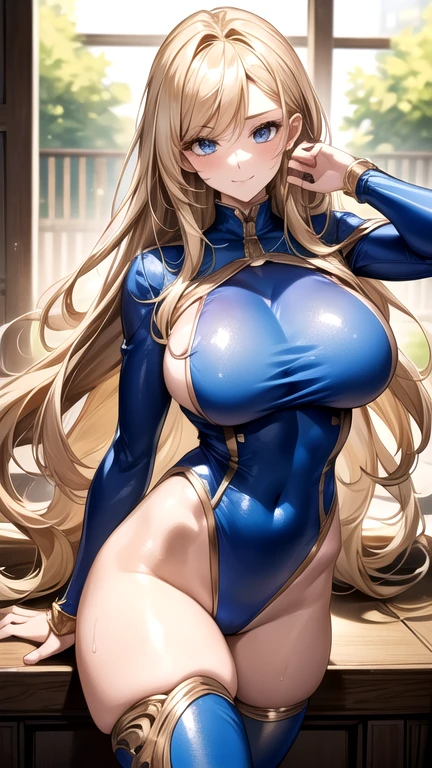 ((masterpiece)), ((high quality)), ((super detailed)), ((high resolution)) , ((8k)),a beautiful woman, ((She is one of the most famous actress in Japan.)), unparalleled beauty, ((large breast:1.4)), ((large ass)), ((deep cleavage)), slim waist, chest out, ultra detailed face, perfect skin, (((waist length hair, ((long straight golden hair)), crossed bangs))), blue eyes, detailed eyes, whole body image, sexy, an inviting smile, sensual, (((anime))), ((glamorous)), sexual attraction ,23 years old, ((incredibly beautiful woman)), ((The H cup bust)), ((((sexy pose)))), ((neat and clean.)) , (((Power Ranger))), heroine, (((high leg leotard power suit, white line on blue colored power suit:1.4, Reinforced power suit))), ((beautiful breasts)), beautiful legs, 8 life size, anime:1.4, wet, the most beautiful and strongest, ((charm)), ((gravure pose)),((british beauty)),