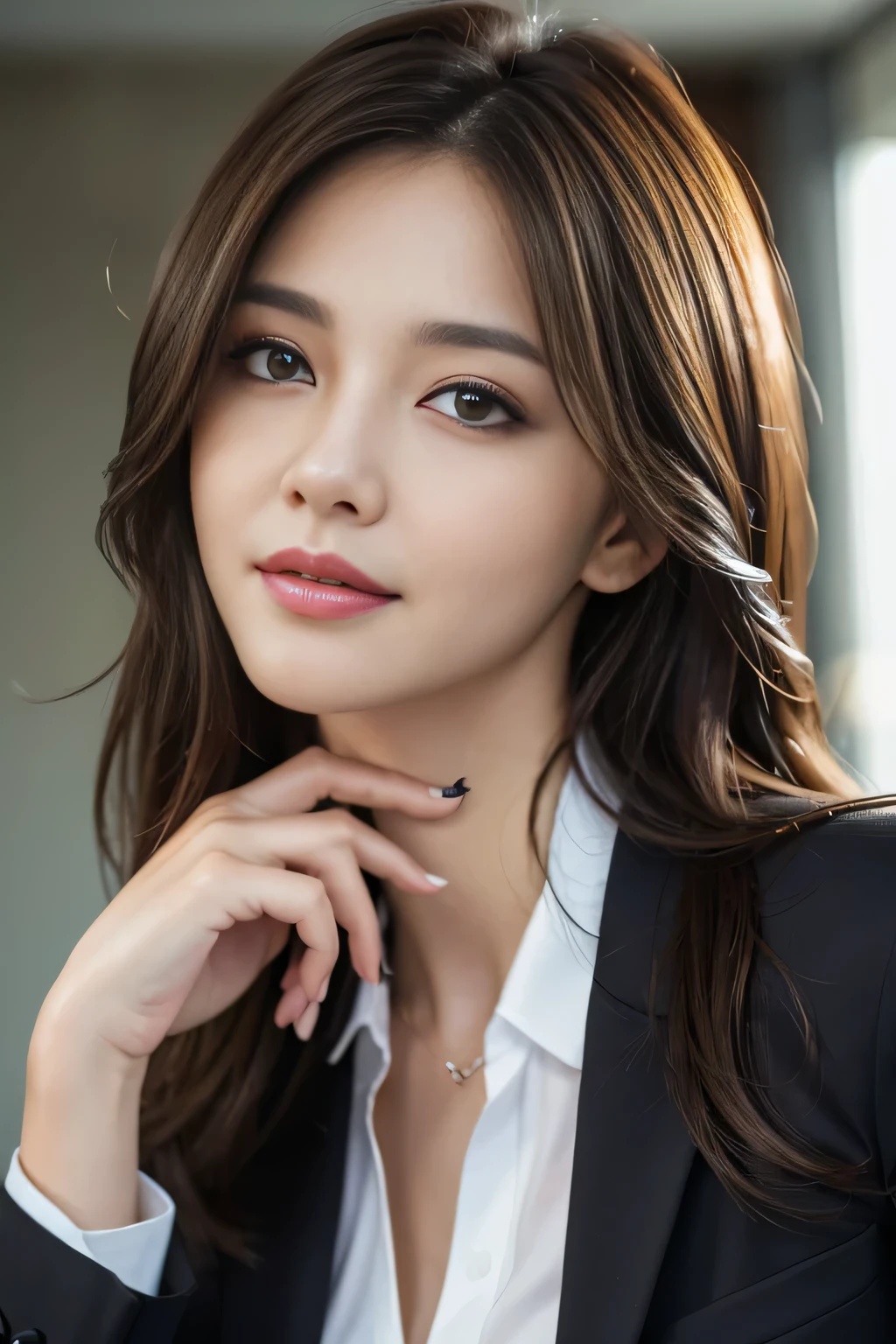 table top, highest quality, realistic, Super detailed, finely, High resolution, 8k wallpaper, 1 beautiful woman,, light brown messy hair, wearing a business suit, sharp focus, perfect dynamic composition, beautiful and detailed eyes, thin hair, Detailed realistic skin texture, smile, close-up portrait, model body shape