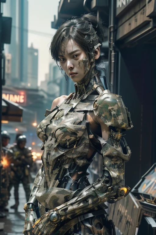 extremely detailed CG unity 32K wallpaper, top quality, masterpiece, raw photo, photorealistic, highest resolution, professional photo, dynamic, cinematic lighting, (cyberpunk:1.4), science fiction, sharp focus, depth of field, (perfect body, correct anatomy:1.5), intricately detailed face, expressive face, POV, (from front:1.3), 1 girl, Japanese woman, ((female soldier:1.3)), mecha-musume, solo, cowboy shot, black hair, short hair, ultra-realistic skin, detailed skin, tan, (dark and bright eyes:1.4), highly detailed nose and lips, (innocent face:1.2), ((camouflaged, combat uniform:1.5)), (slender, medium breast:1.5), ((powered suit, mechanical body armor:1.4)), perfect body proportion, weaponize exoskeleton, the girl's body is highly weaponized, (((in combat with hostile militias:1.2))), (((1 main gun is attached to the girl's right shoulder:1.5))), (((outdoor, battlefield, vandalize town, noon:1.3)))