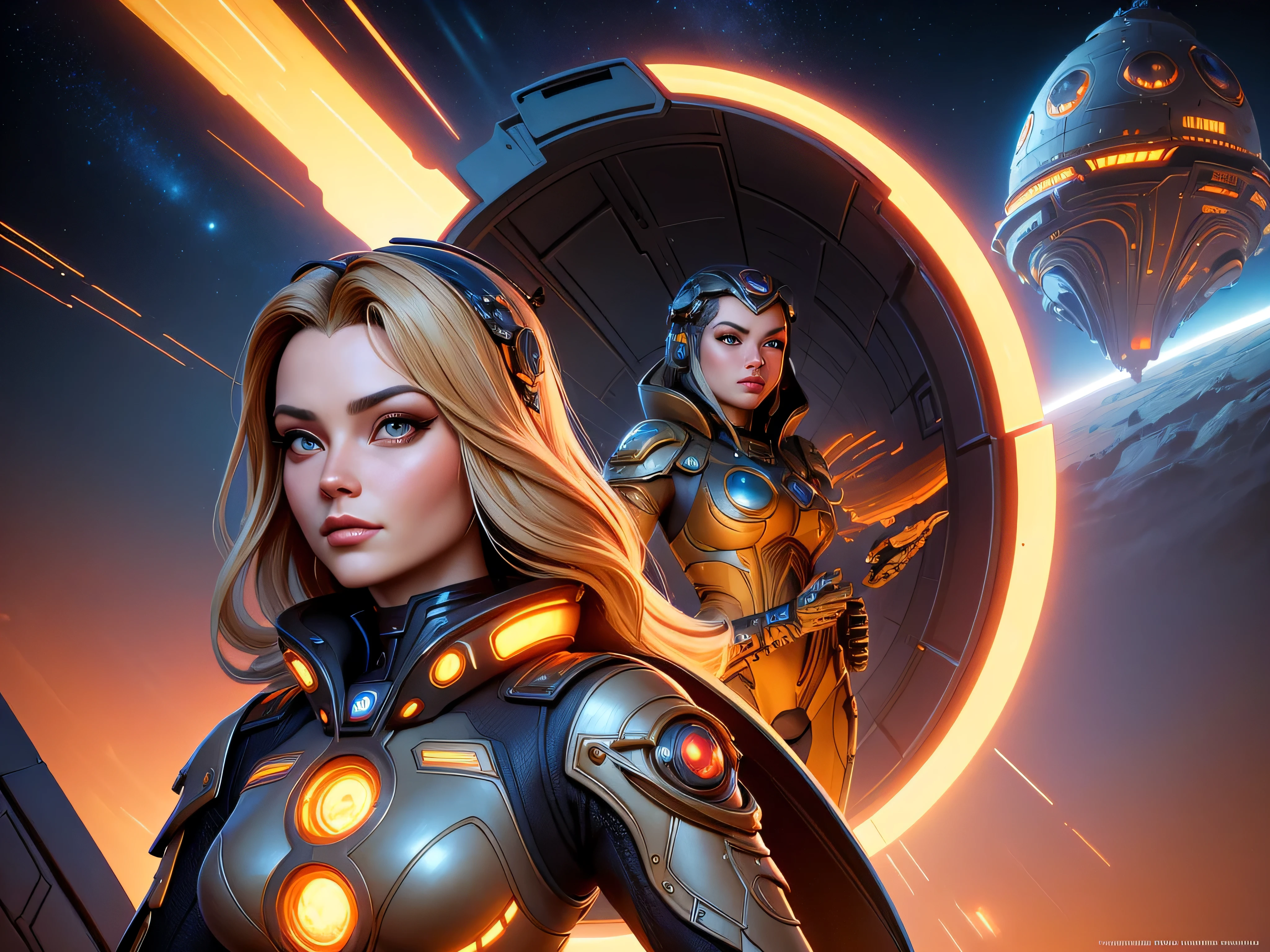 painting of a woman in a futuristic world with a spaceship in the background, karol bak uhd, ray swanland, of a futuristic woman selk'nam, style of jim burns, inspired by Tim Hildebrandt, by Wayne England, futuristic painting, dune city and temples of arrakis, portrait of a cyborg queen, inspired by Vladimir Tretchikoff