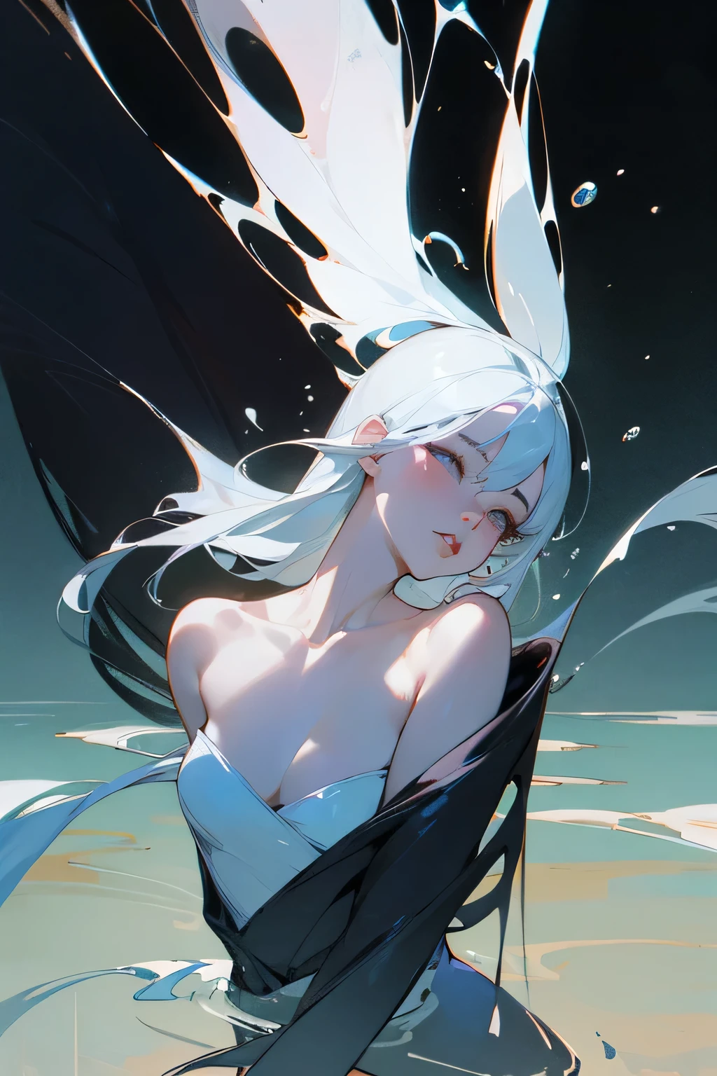 masterpiece, highest quality, Super detailed, High resolution, (Ink painting style), excellent anatomy, 1 beautiful woman, negative space, bare shoulders, lips, splash of water, (wood:0.5), (flowers:0.6), (bird:0.2), (bamboo:0.1), (lake, background outdoors), best light, best shadow, Mysterious, perfect face, very detailed,