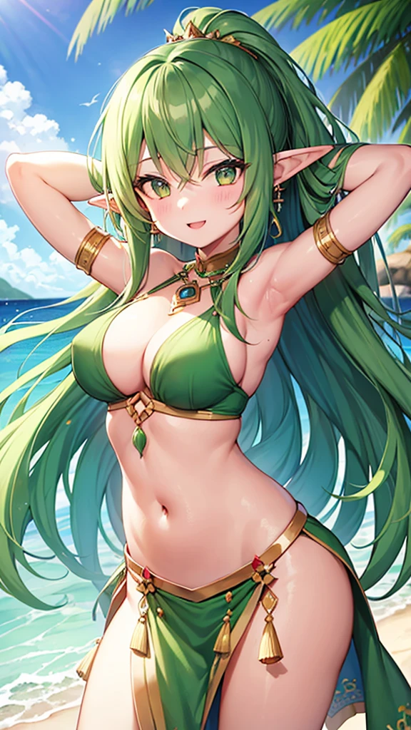 girl, green hair, long hair, happy expression, best quality, belly dancer out fit, elf girl, navel showing, armpit showing, beach side setting, arms behind head