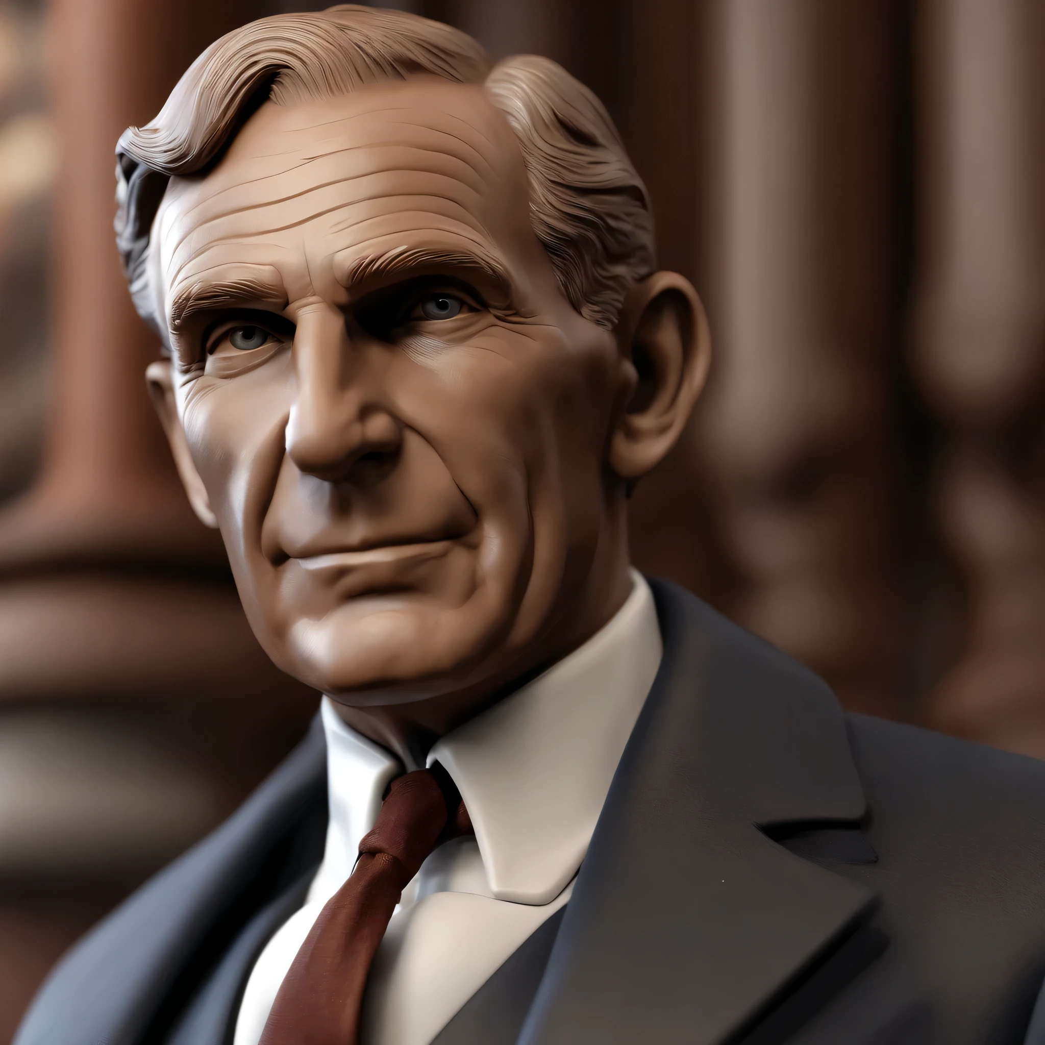 A closeup of a bronze statue of Henry Ford in a suit and tie, Render Henry Ford, Henry Ford 3D Rendering, designer maravilhoso 3d renderizado, High detail iconic character, Henry Ford Rendering, zbrush rendering, Non-ZBRUSH rendering, terno preto formal. Circunstanciado, figura altamente detalhada, Henry Ford renderizar, Personagem altamente detalhado, zbrush 3 d render, airbrush render