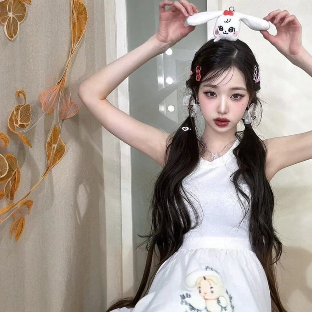 araffe girl with long orange hair and a white dress holding a white object, ulzzang, pigtails hairstyle, lalisa manobal, twintails hairstyle, two pigtails hairstyle, with bunny ears, with black pigtails, with long floppy rabbit ears, white hime cut hairstyle, jinyoung shin, wan adorable korean face, jaeyeon nam, white ponytail hair, with all the body sitting on a pillow. Izone Wooyoung. 