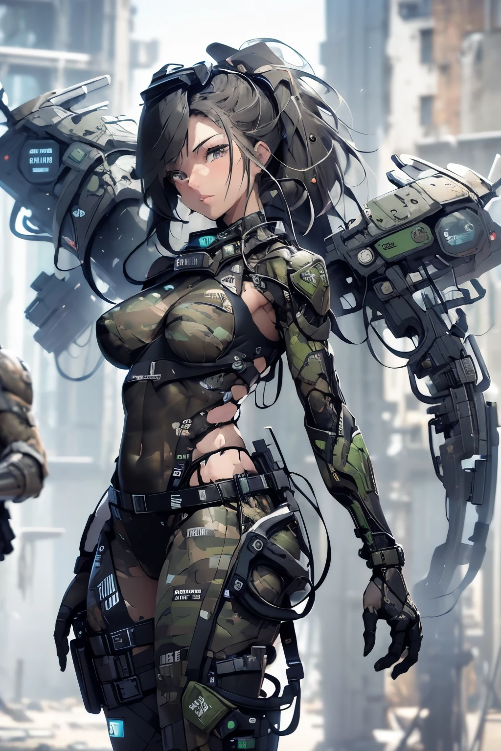 Beautiful woman in a slingshot bikini with camo patterns, mechanical bikini with camo patterns, tattered military gear, mechanized soldier girl, oversized mechanical exoskeleton oversized arms and legs with camo patterns, inspired by Masamune Shirow, girl in mecha armor with camo patterns, mechanized valkyrie girl, cushart kenz, cool mecha style, bikini-armor with camo patterns, infantry girl, Bare Skin, Athletic Well Toned Body, sweaty skin, Barely Clothed, cammo patterns, Beautiful Face, dieselpunk Theme, Fiverr Dnd Character, Octane Render, Digital Art, Extreme Detail, 4k, Ultra Hd, Polished, Beautiful, Hyperdetailed, Intricate, Elaborate, Meticulous, Photorealistic, Sharp Focus, Wlop, Character Design, Unreal Engine, 3d Rendered, Volumetric Lighting, Reflections, Glossy, Digital Illustration, Pose, Suggestive Pose, Lewd, Full Body Shot, naked, vissible nipples, puffy vagina, anatomically correct 💖❤💕💋