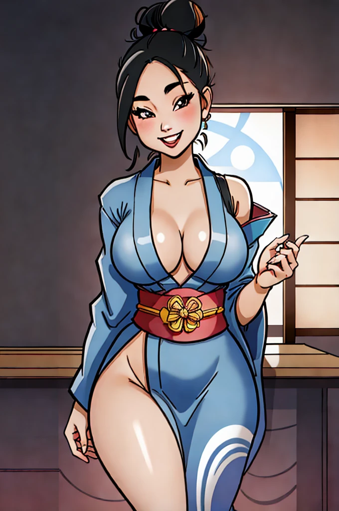 1 girl, , japanese, sexy, curvy, round boobs, smiling, hand on belly, black hair, hair bun, sexy tight blue kimono, hourglass waist, model, upper body view