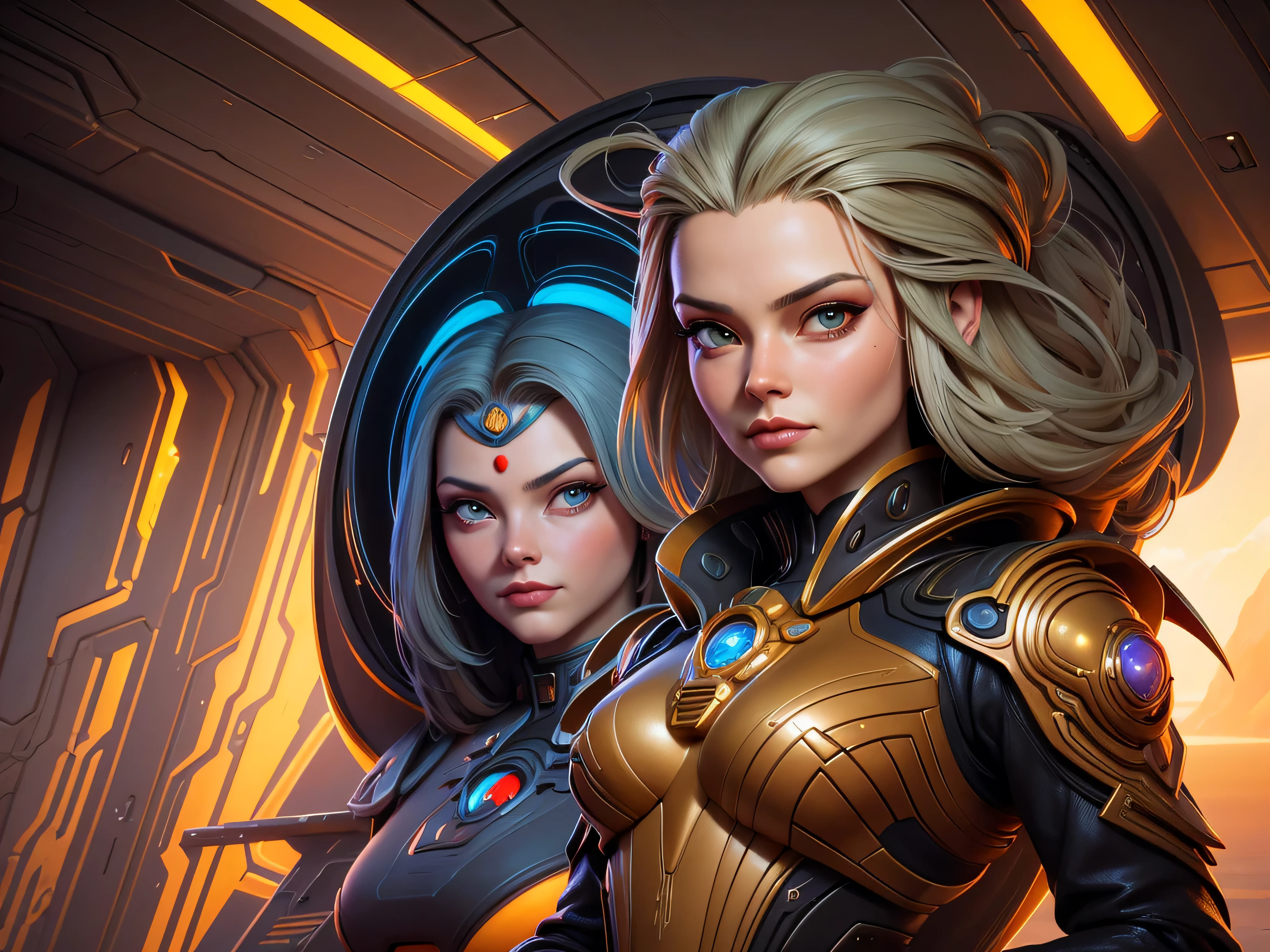 painting of a woman in a futuristic world with a spaceship in the background, karol bak uhd, ray swanland, of a futuristic woman selk'nam, style of jim burns, inspired by Tim Hildebrandt, by Wayne England, futuristic painting, dune city and temples of arrakis, portrait of a cyborg queen, inspired by Vladimir Tretchikoff