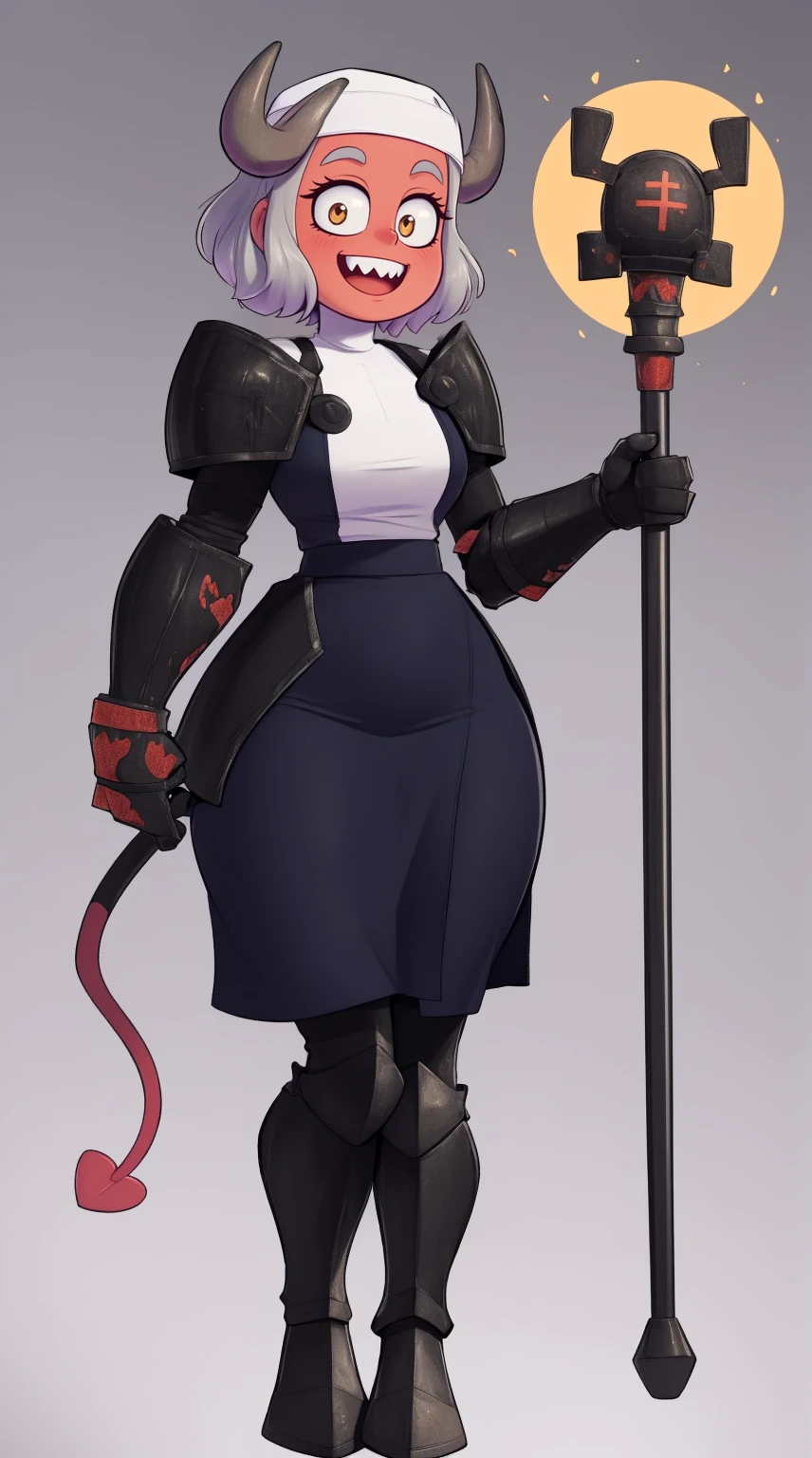 nun, demon girl, walking, , warpriesstes, silver hair, short hair, sacred gauntlets, long ski, cute smile, pure smile, love smile,,veillong skirt, pantyhose, staff holding, armor, gloves, standing, full body,sharpteeth,standing, full body, happy, joyfull