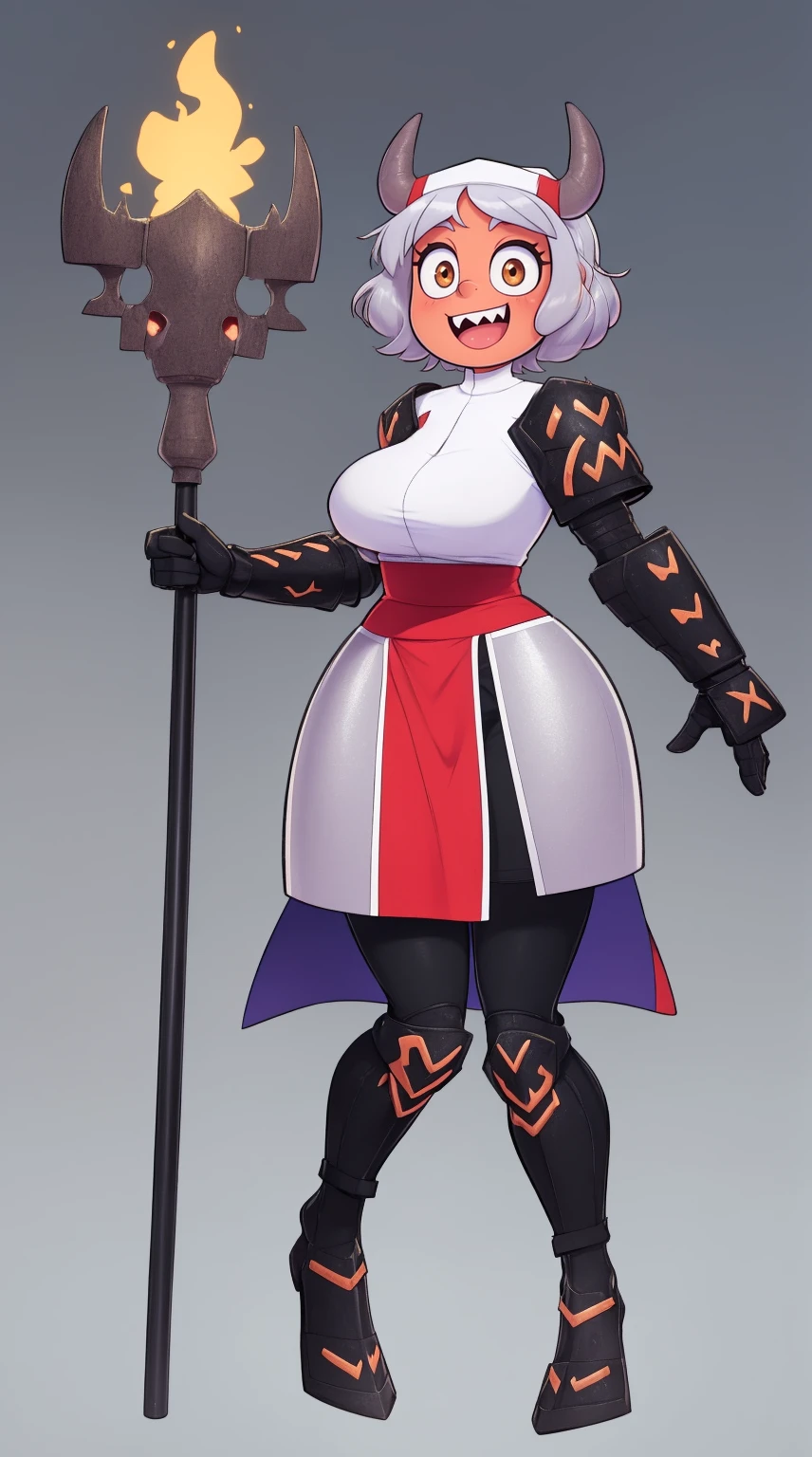 nun, demon girl, walking, , warpriesstes, silver hair, short hair, sacred gauntlets, long ski, cute smile, pure smile, love smile,,veillong skirt, pantyhose, staff holding, armor, gloves, standing, full body,sharpteeth,standing, full body, happy, joyfull