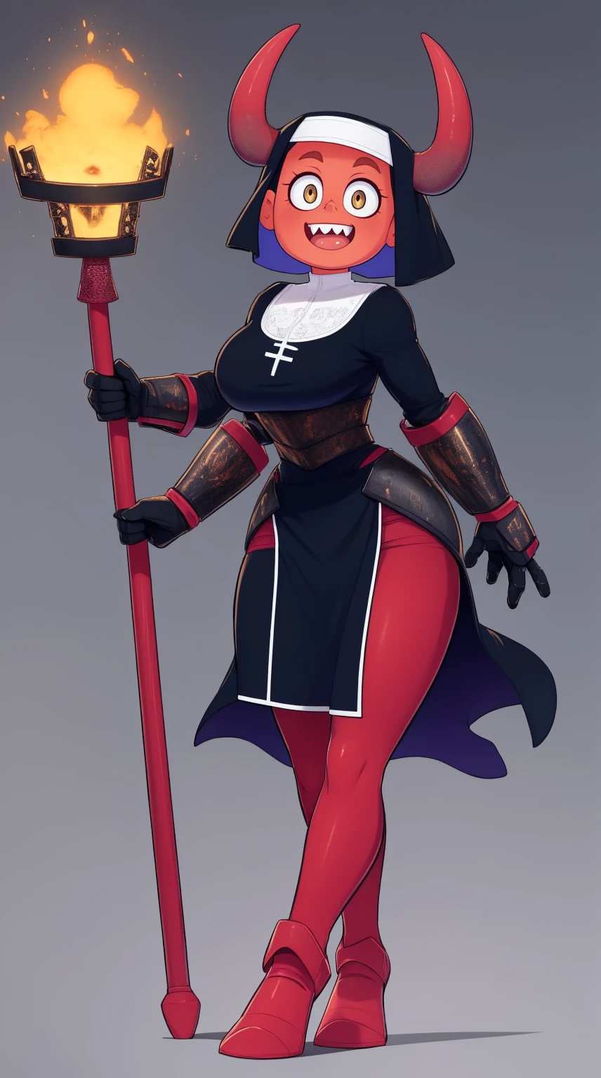 nun, demon girl, walking, , warpriesstes, silver hair, short hair, sacred gauntlets, long ski, cute smile, pure smile, love smile,,veillong skirt, pantyhose, staff holding, armor, gloves, standing, full body,sharpteeth,standing, full body, happy, joyfull