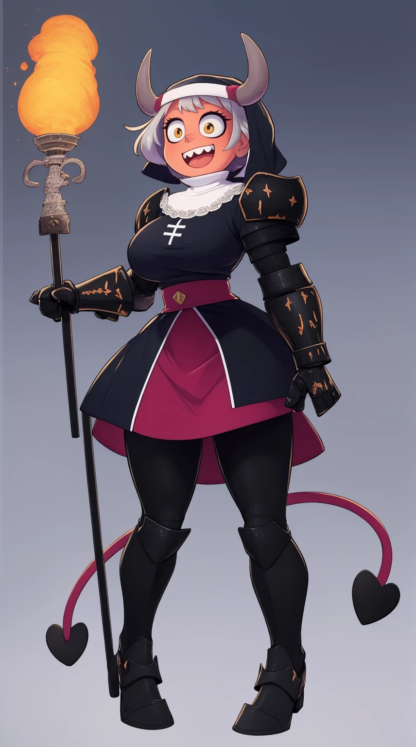 nun, demon girl, walking, , warpriesstes, silver hair, short hair, sacred gauntlets, long ski, cute smile, pure smile, love smile,,veillong skirt, pantyhose, staff holding, armor, gloves, standing, full body,sharpteeth,standing, full body, happy, joyfull