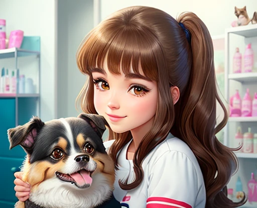 Pet grooming salon, girl with brown hair and brown eyes with dog. Animated style