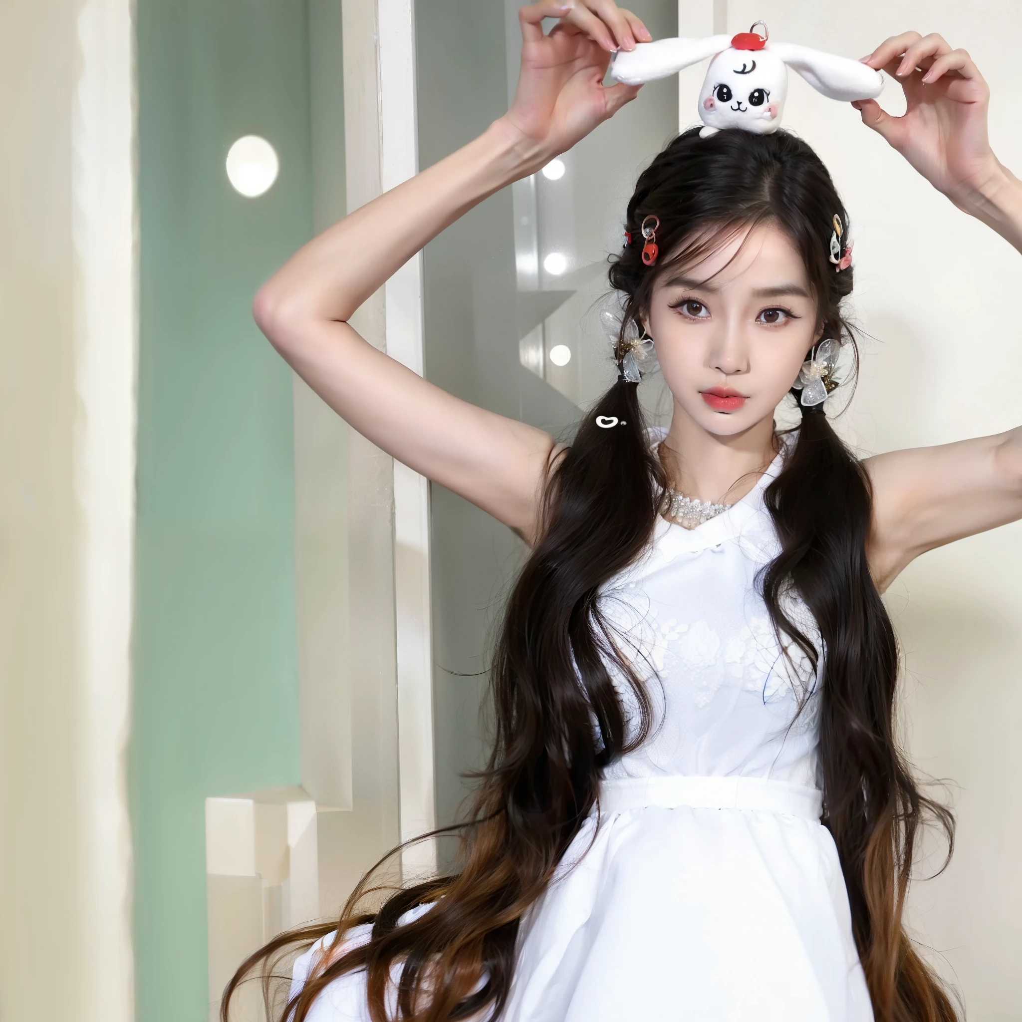 araffe girl with long orange hair and a white dress holding a white object, ulzzang, pigtails hairstyle, lalisa manobal, twintails hairstyle, two pigtails hairstyle, with bunny ears, with black pigtails, with long floppy rabbit ears, white hime cut hairstyle, jinyoung shin, wan adorable korean face, jaeyeon nam, white ponytail hair, with all the body sitting on a pillow. Izone Wooyoung. 