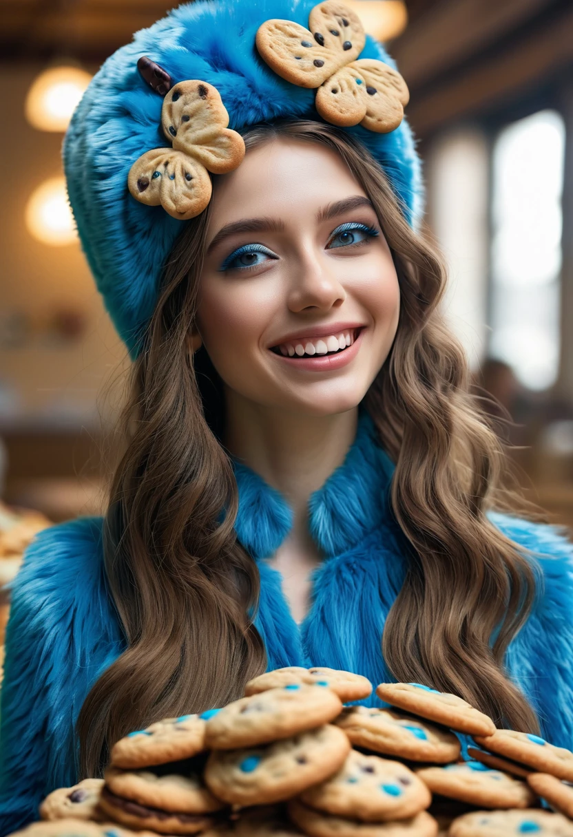 "Cookie Monster" next to stunning ponytailed Czech anorexic sexy woman,(best quality,4k,8k,highres,masterpiece:1.2),ultra-detailed,portraits,girl with cookie-shaped hat,blue fur,amazing scenery of a cookie factory,delicious chocolate chip cookies,freshly baked cookies filling the air with a mouth-watering aroma, vibrant colors,soft natural lighting,temperate weather,butterfly flying around the girl,cookies falling from the sky,sparkling smile from the girl,happiness and joy in her eyes,carefully sculpted facial features,long flowing hair,graceful pose,enchanting charm.