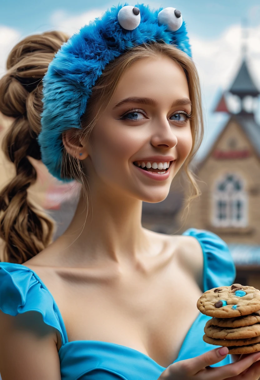"Cookie Monster" next to stunning ponytailed Czech anorexic sexy woman,(best quality,4k,8k,highres,masterpiece:1.2),ultra-detailed,portraits,girl with cookie-shaped hat,blue fur,amazing scenery of a cookie factory,delicious chocolate chip cookies,freshly baked cookies filling the air with a mouth-watering aroma, vibrant colors,soft natural lighting,temperate weather,butterfly flying around the girl,cookies falling from the sky,sparkling smile from the girl,happiness and joy in her eyes,carefully sculpted facial features,long flowing hair,graceful pose,enchanting charm.