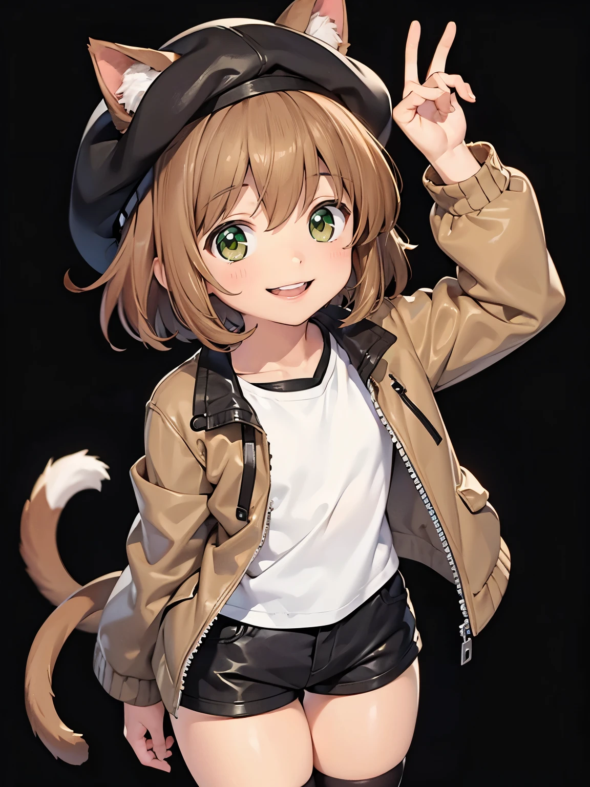 Light brown hair, short hair, short, small chest, black short, short white shirt, brown cargo jacket, morning, black background, brown eyes, close up, small, little, childish, neko ears, cat ears, wolf tail, fluffy tail, black striped stockings, green hat, tight shorts, brown jacket, smiling, showing teeth, very tight shorts, lighter hair, , small, shorty