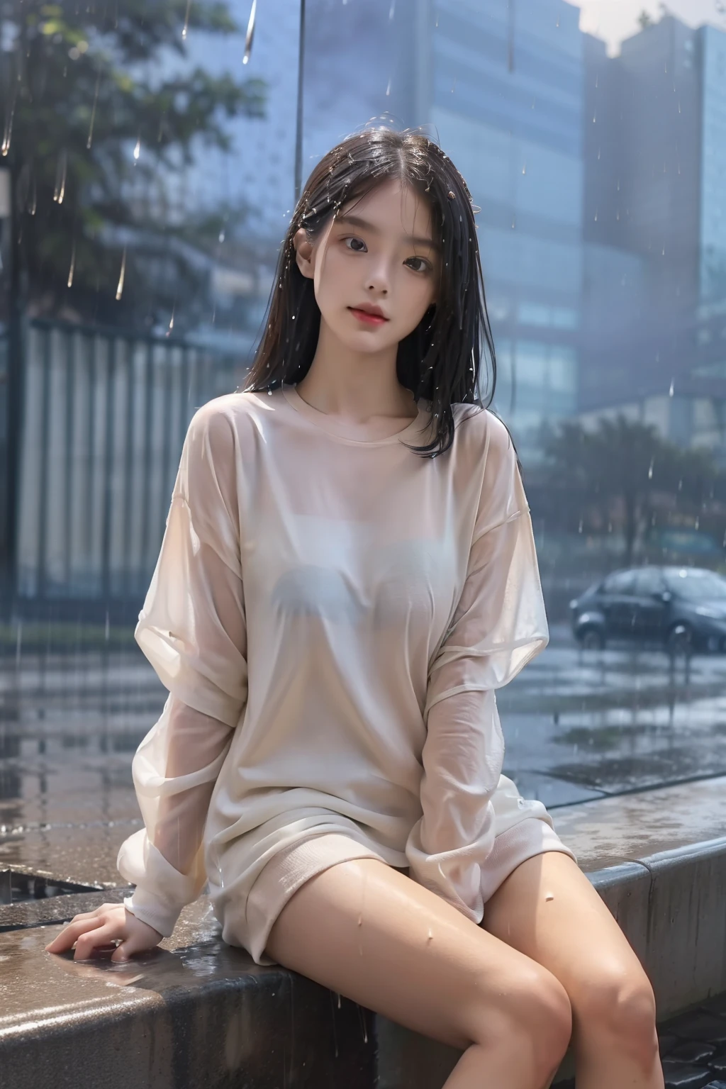 1 woman, 8k, RAW photo, (best quality, masterpiece, intricate detail: 1.4), (realistic, photorealistic: 1.3), (realistic: 1.3), photorealistic, Japanese model, (( Rainy weather)), (Standing on the street in the rain: 1.5), Heavy rain, (Whole body soaking wet: 1.8), ((Thin blouse)), (Light-colored blouse), (Rain wet and transparent skin) Blouse: 1.5), (Blouse that sticks to your skin when it gets wet in the rain: 1.5), (A beautiful woman like a Japanese idol), Age 20, (Small face: 1.5), (Sensual expression), Light makeup, Thin eyebrows, detailed beautiful face, detailed eyes, (tear bags: 1.5), detailed fingers, detailed legs, detailed skin, medium chest, (wet hair: 1.8), (wet bangs: 1.3) , (wet skin: 1.8), (see-through nipple protrusion), shiny hair, shiny skin, ((wet and watery hair: 1.3)), (wet and watery skin :1.3)